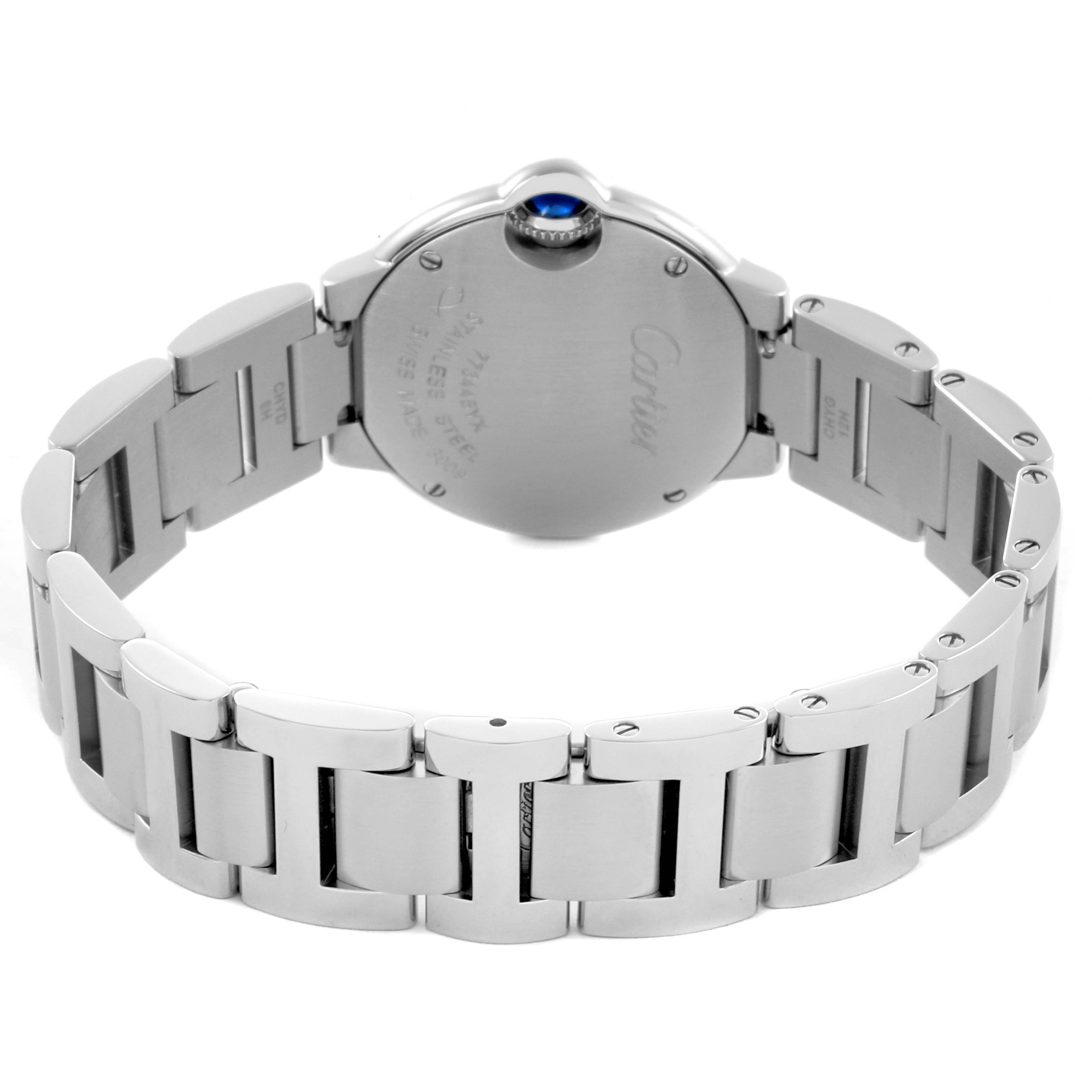 The image shows the back and bracelet of a Cartier Ballon Bleu W69010Z4 Women
s Stainless Steel Silver Dial W69010Z4 Women
s Stainless Steel Silver Dial watch at a rear angle, highlighting the clasp and case back.