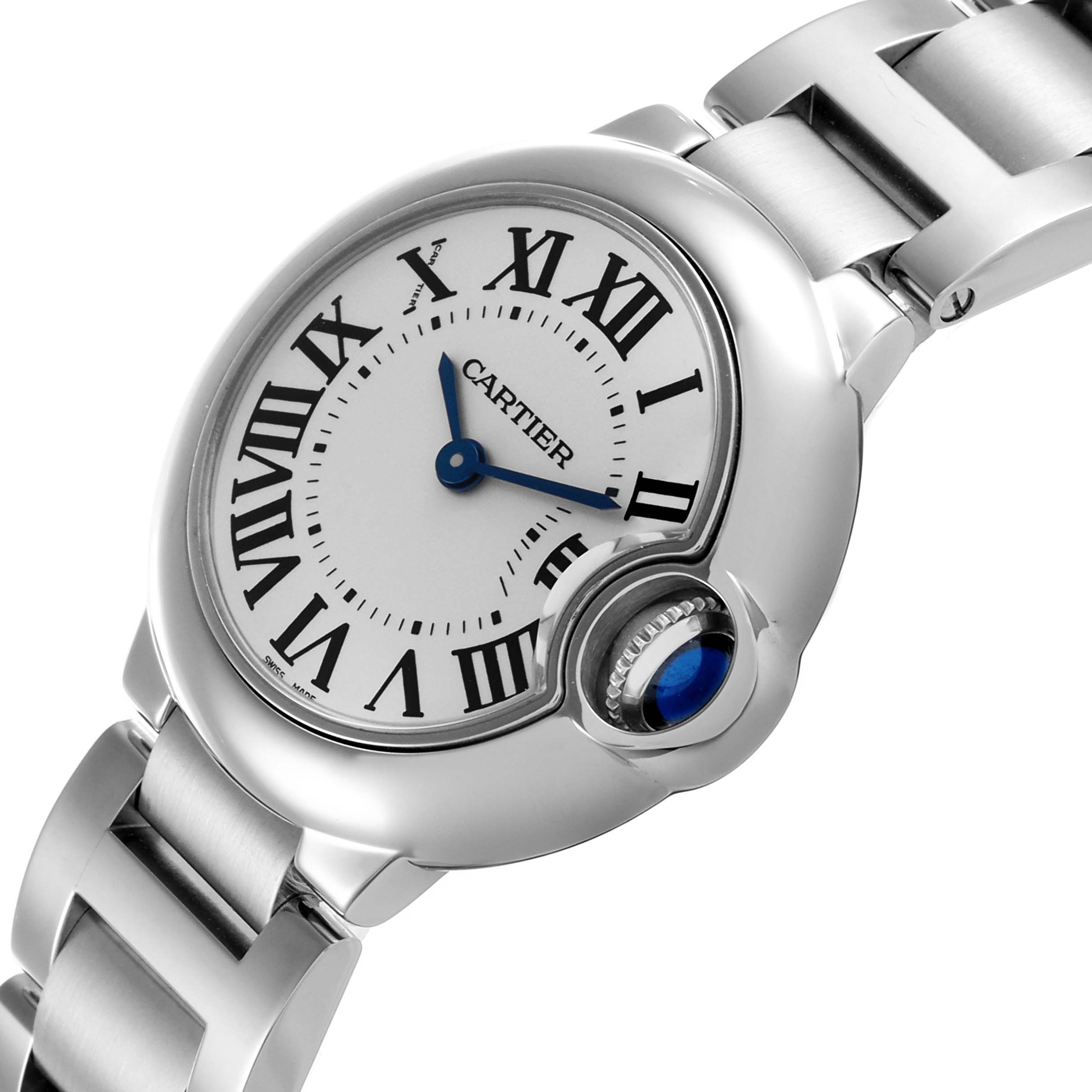 The Cartier Ballon Bleu W69010Z4 Women
s Stainless Steel Silver Dial W69010Z4 Women
s Stainless Steel Silver Dial watch is shown at an angle displaying the face, crown, and part of the bracelet.