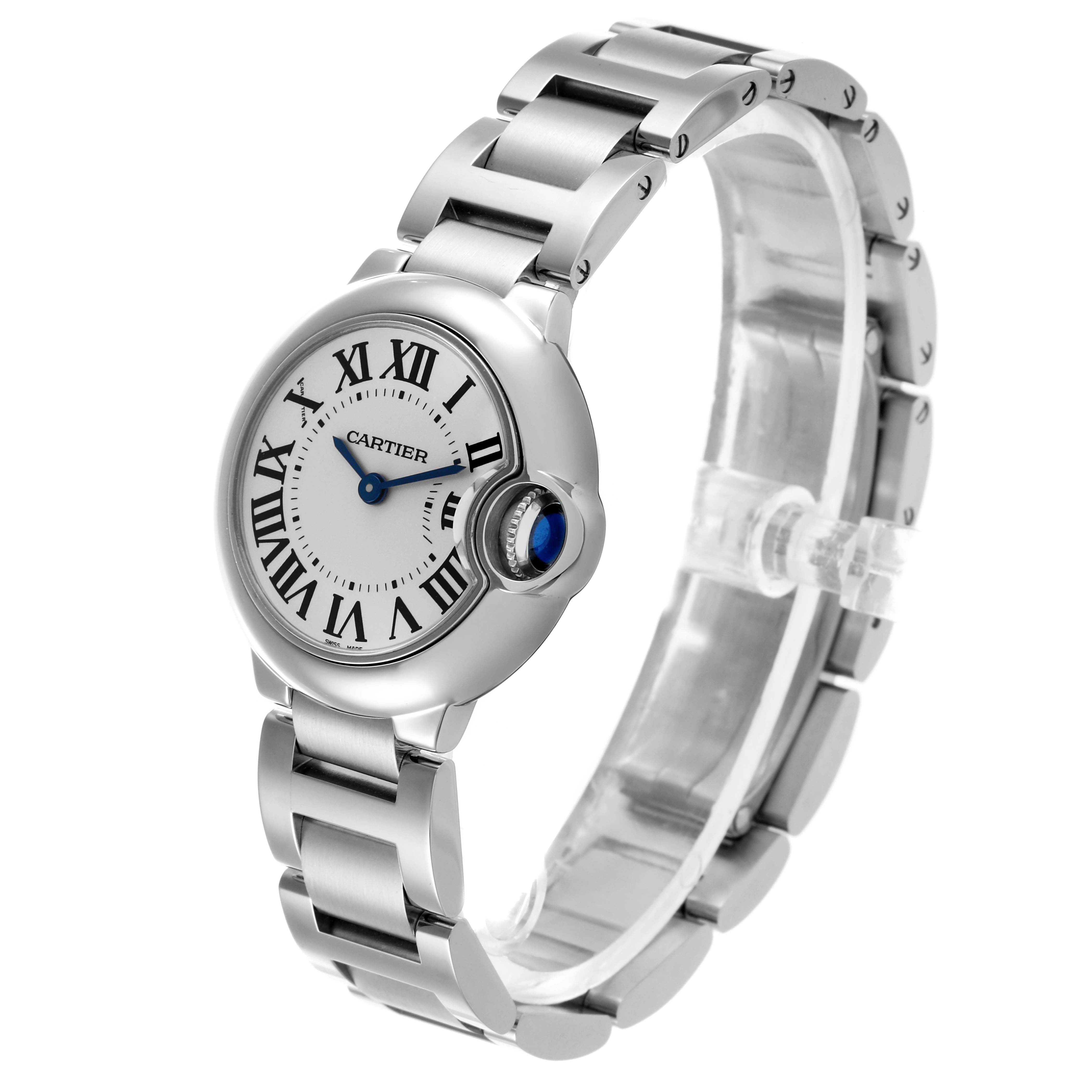 The Cartier Ballon Bleu W69010Z4 Women
s Stainless Steel Silver Dial W69010Z4 Women
s Stainless Steel Silver Dial watch is shown at a three-quarter angle, displaying its face, bracelet, and crown detail.