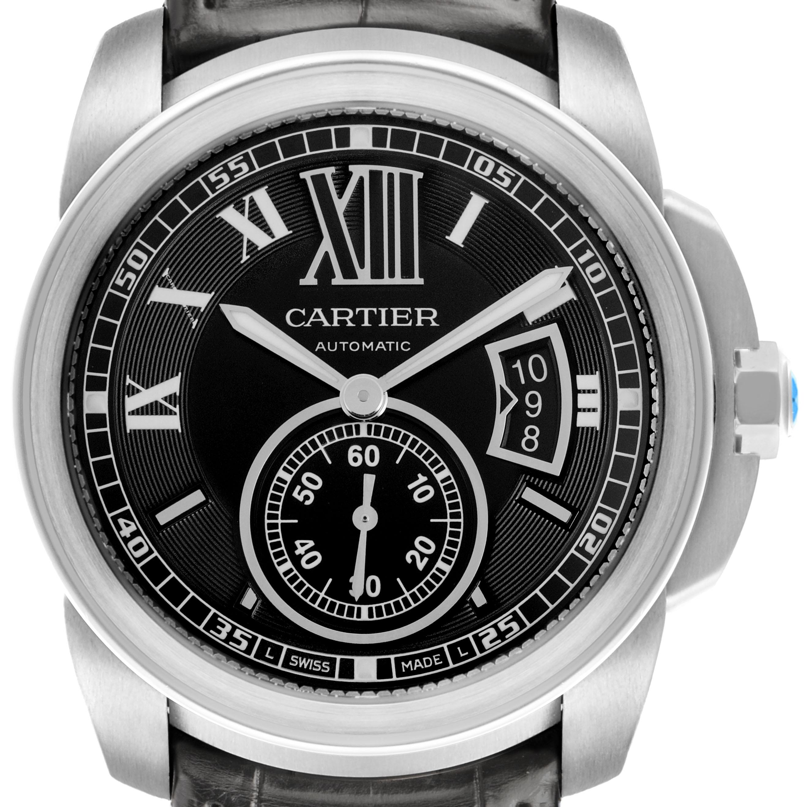 The image shows a front view of the Calibre de Cartier watch by Cartier, highlighting its detailed dial and leather strap.