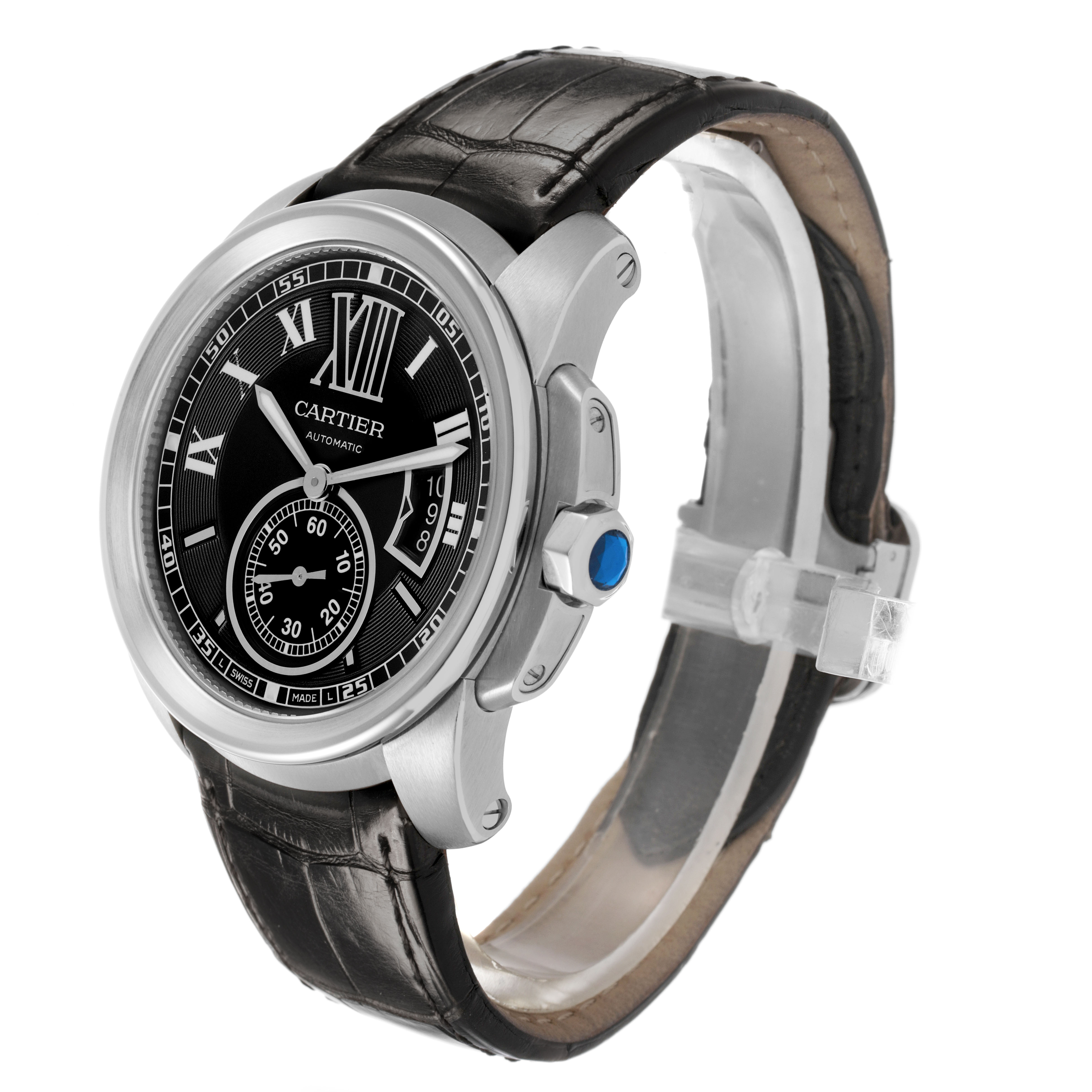 The image shows the Calibre de Cartier watch at a slight angle, highlighting the face, side crown, and band.