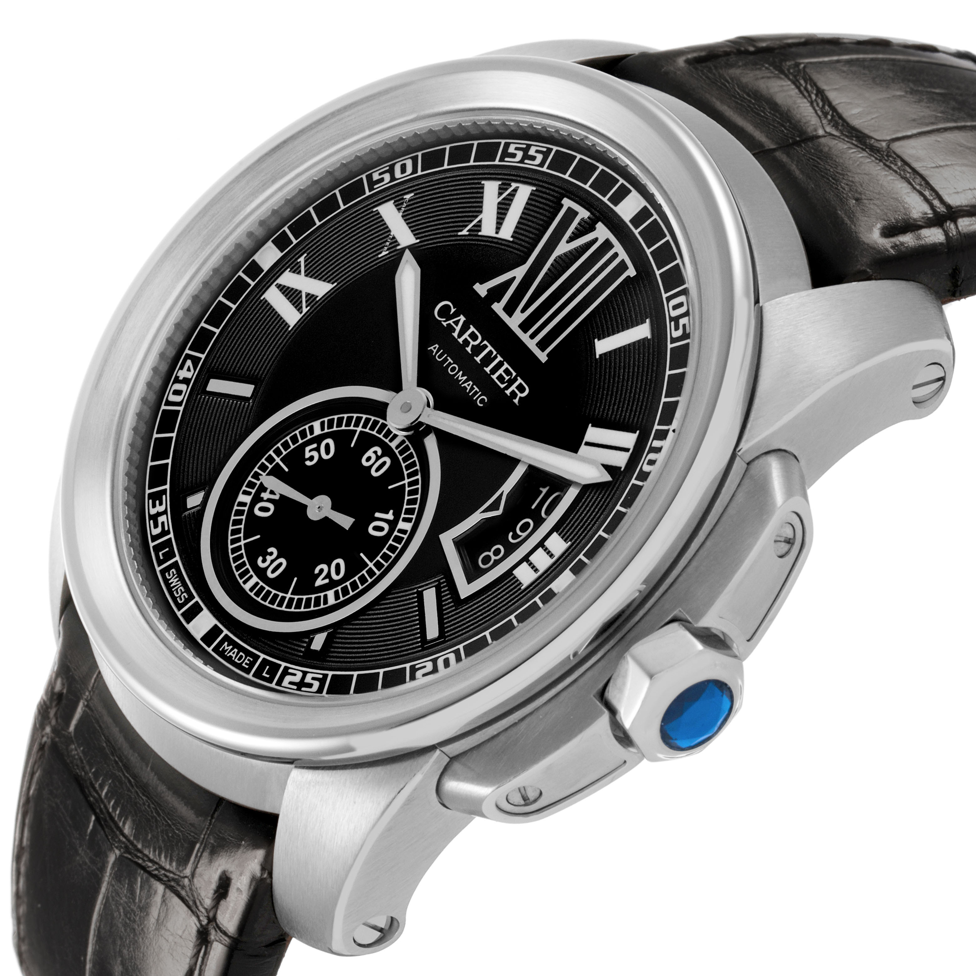 The Calibre de Cartier watch is shown at an angle highlighting the dial, bezel, crown, and leather strap.
