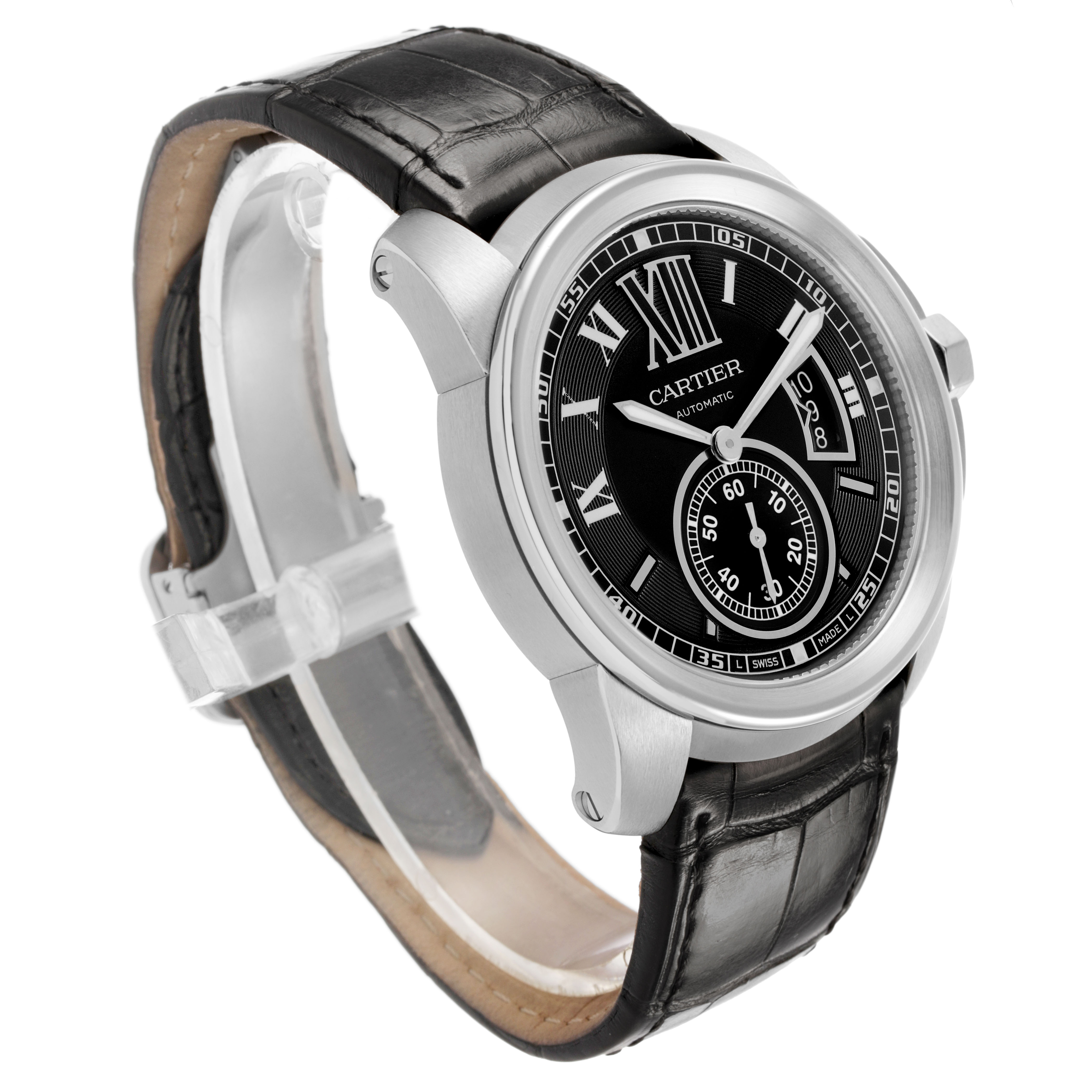 The Calibre de Cartier watch is shown at an angled side view, highlighting the face, casing, and leather strap.