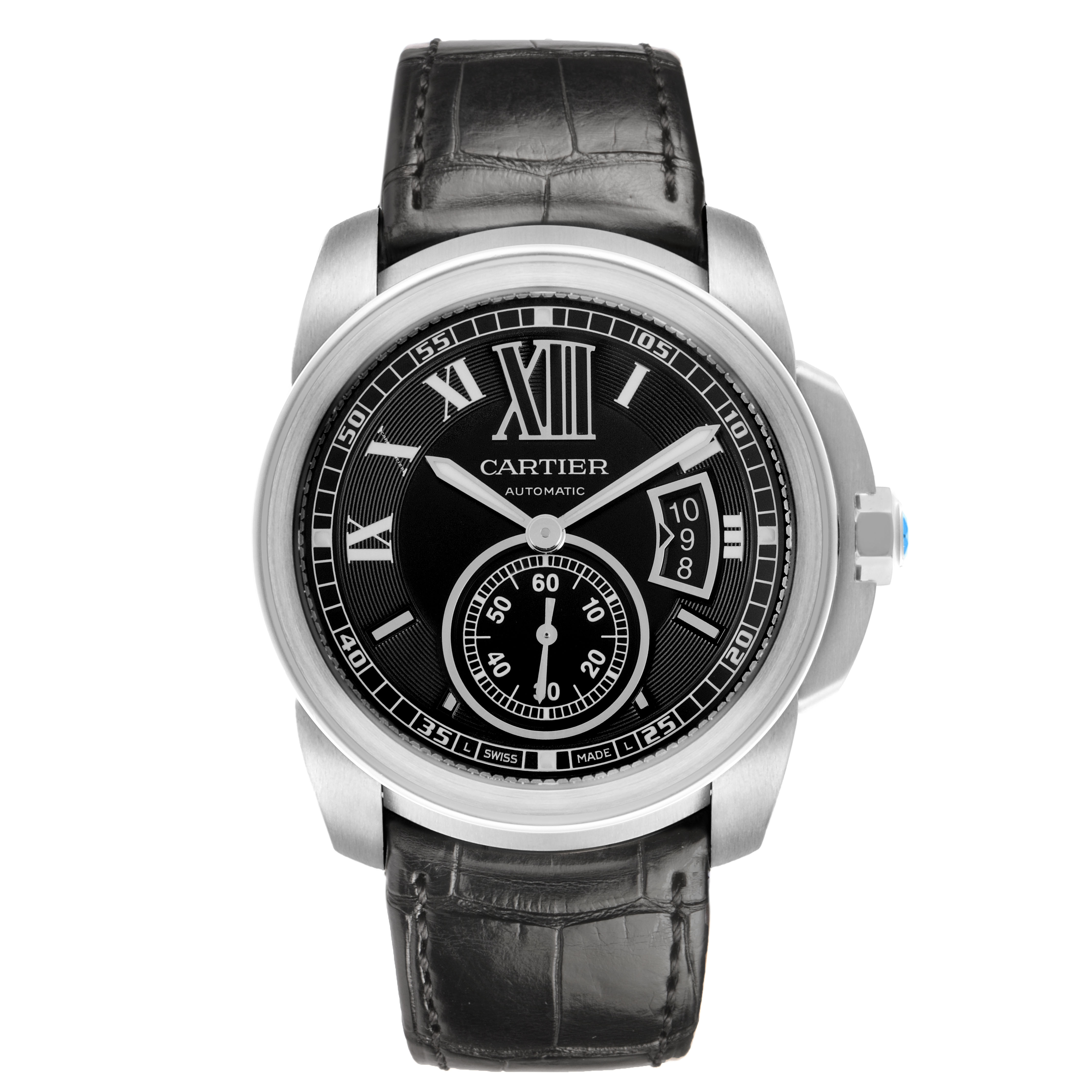 The Calibre de Cartier watch is shown from a front angle, displaying the dial, case, hands, and leather strap.