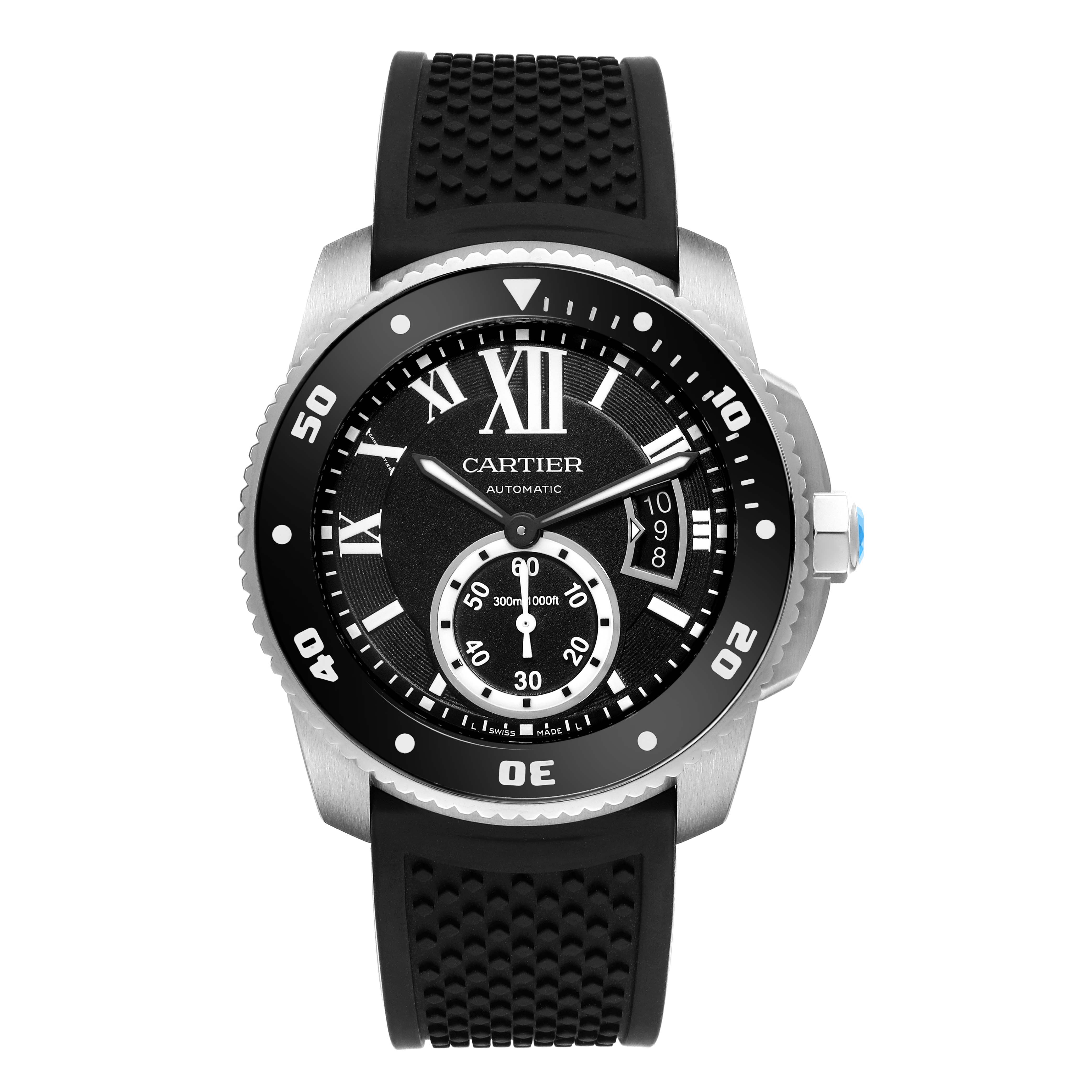 The Cartier Calibre de Cartier W7100056 Men's Stainless Steel Black Dial W7100056 Men's Stainless Steel Black Dial watch is shown from the front, highlighting the dial, bezel, crown, and strap.