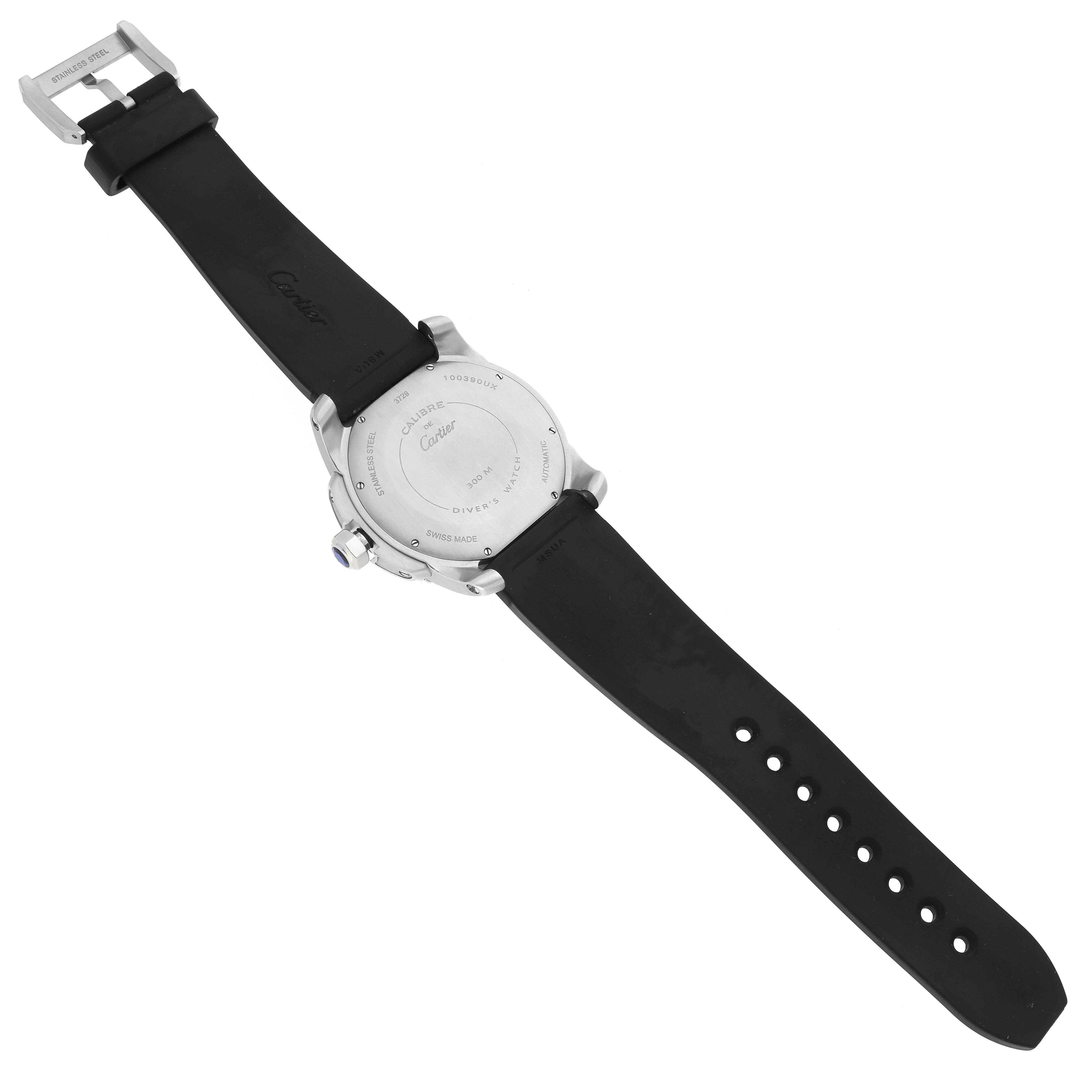 The Calibre de Cartier watch by Cartier is shown from the back, highlighting the case back and black strap.