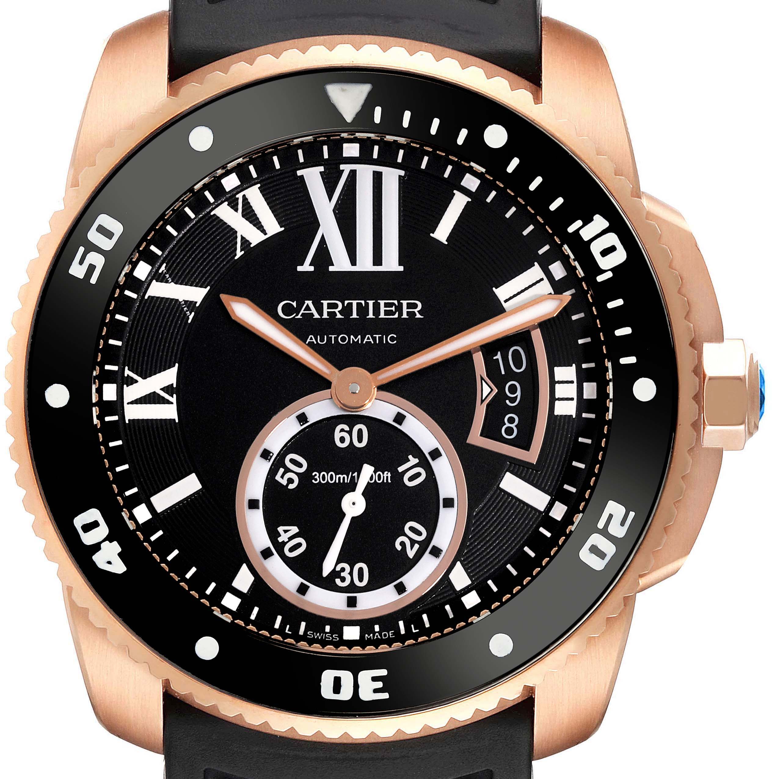 The Calibre de Cartier watch is shown from the front, highlighting the dial, bezel, and crown.