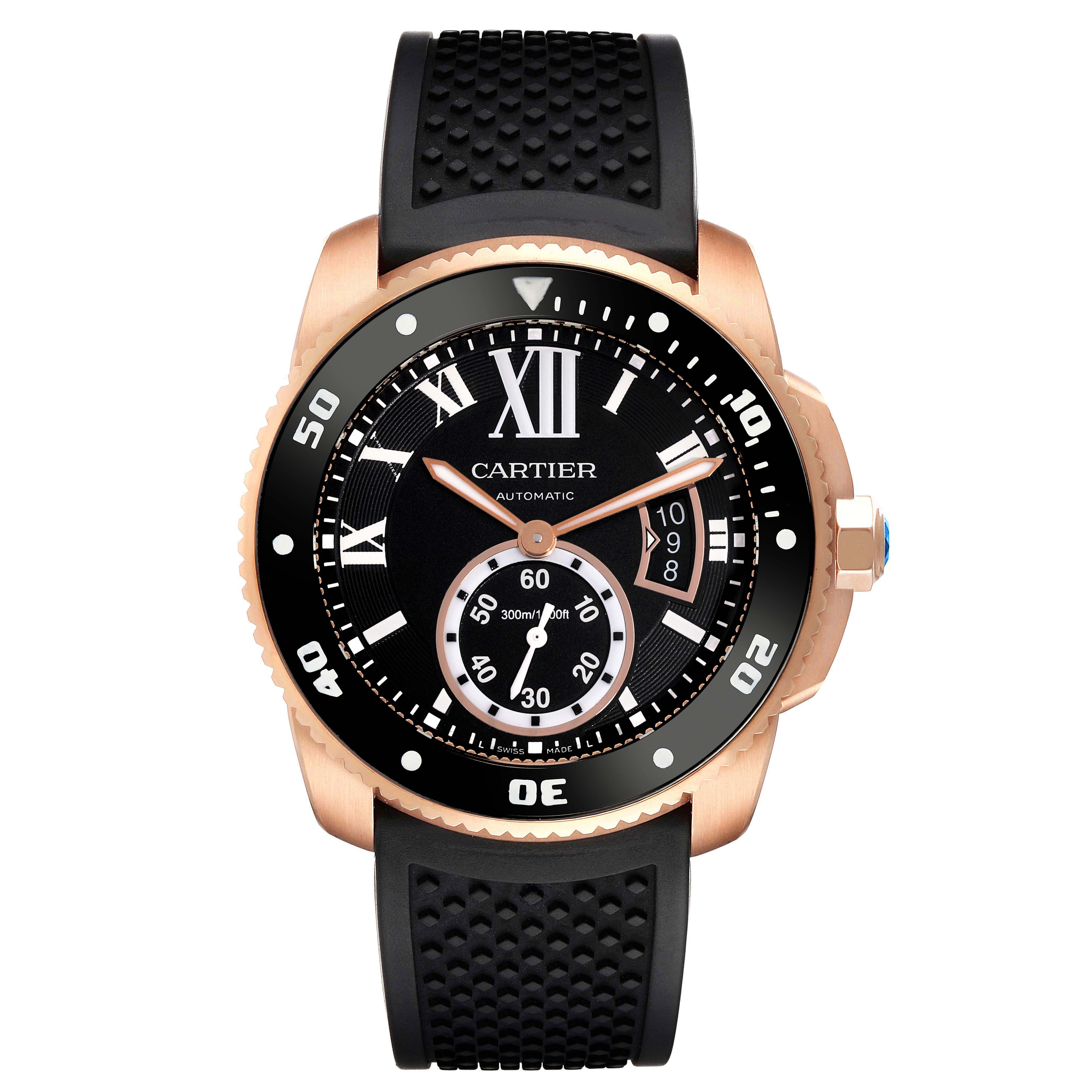 The Calibre de Cartier watch is displayed from a top view, showing the face, bezel, crown, and strap.