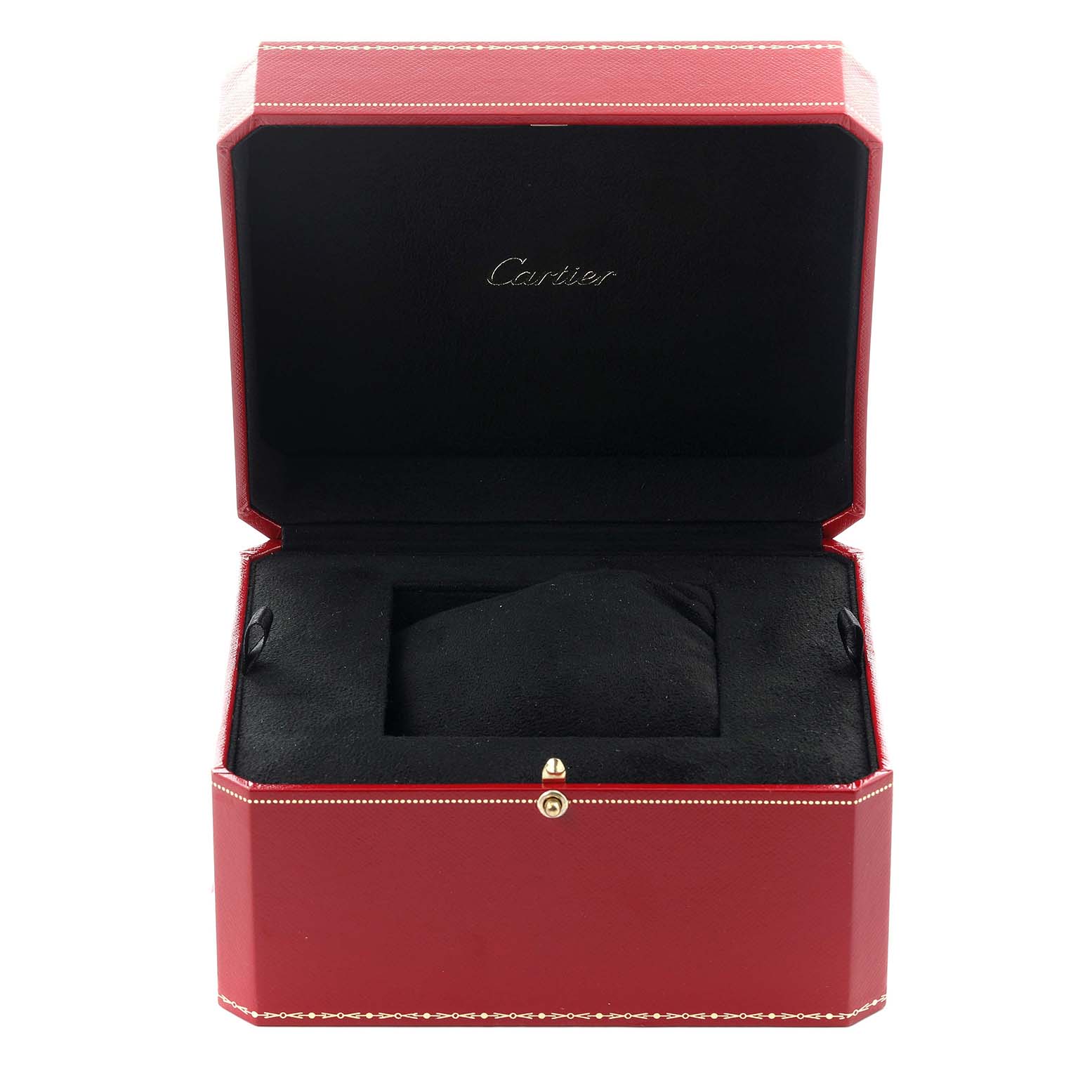 The image shows an open red Cartier watch box for a Calibre de Cartier model, displaying the interior with a cushion.