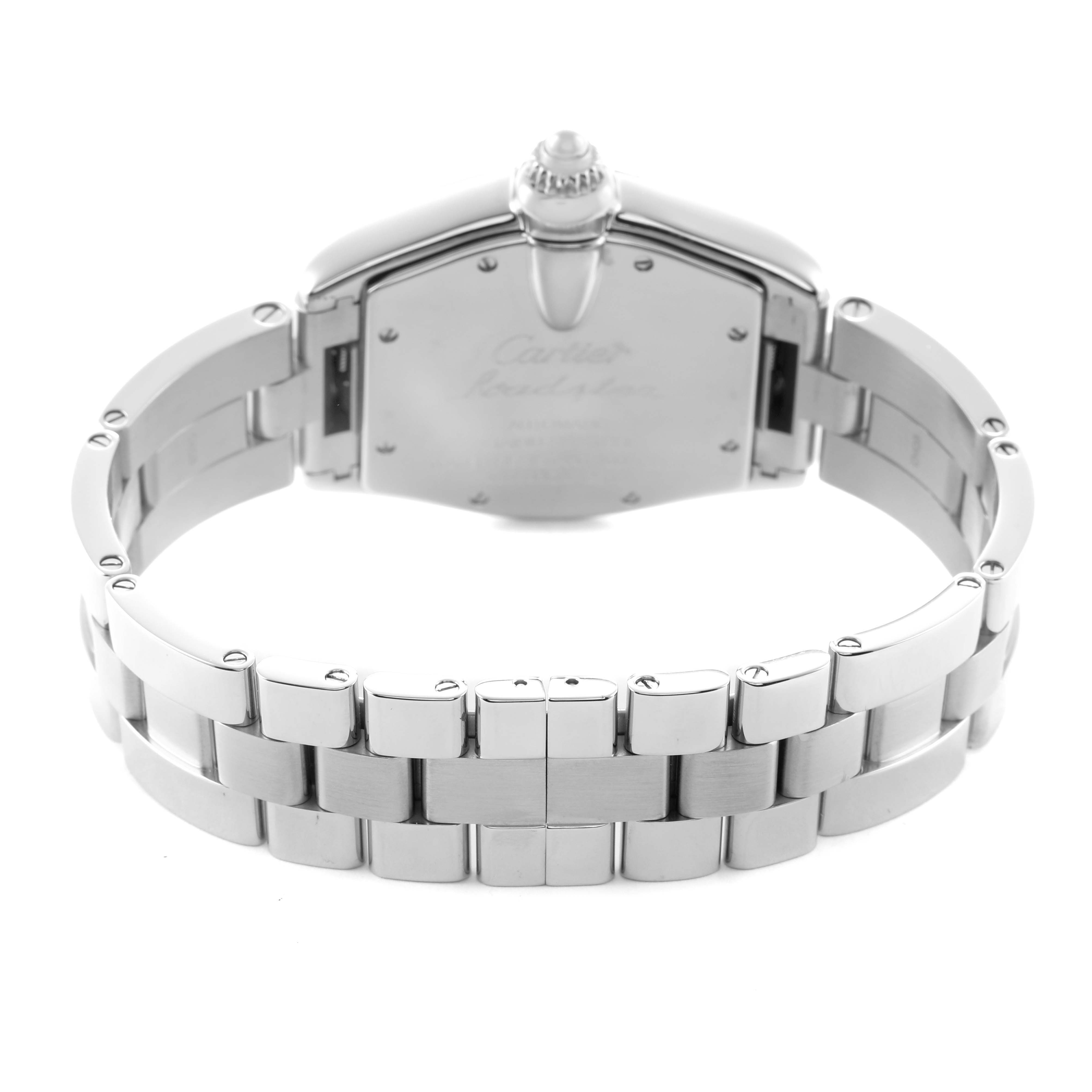 The Cartier Roadster W62025V3 Men's Stainless Steel Silver Dial watch is shown from the back, featuring its stainless steel bracelet and case back.