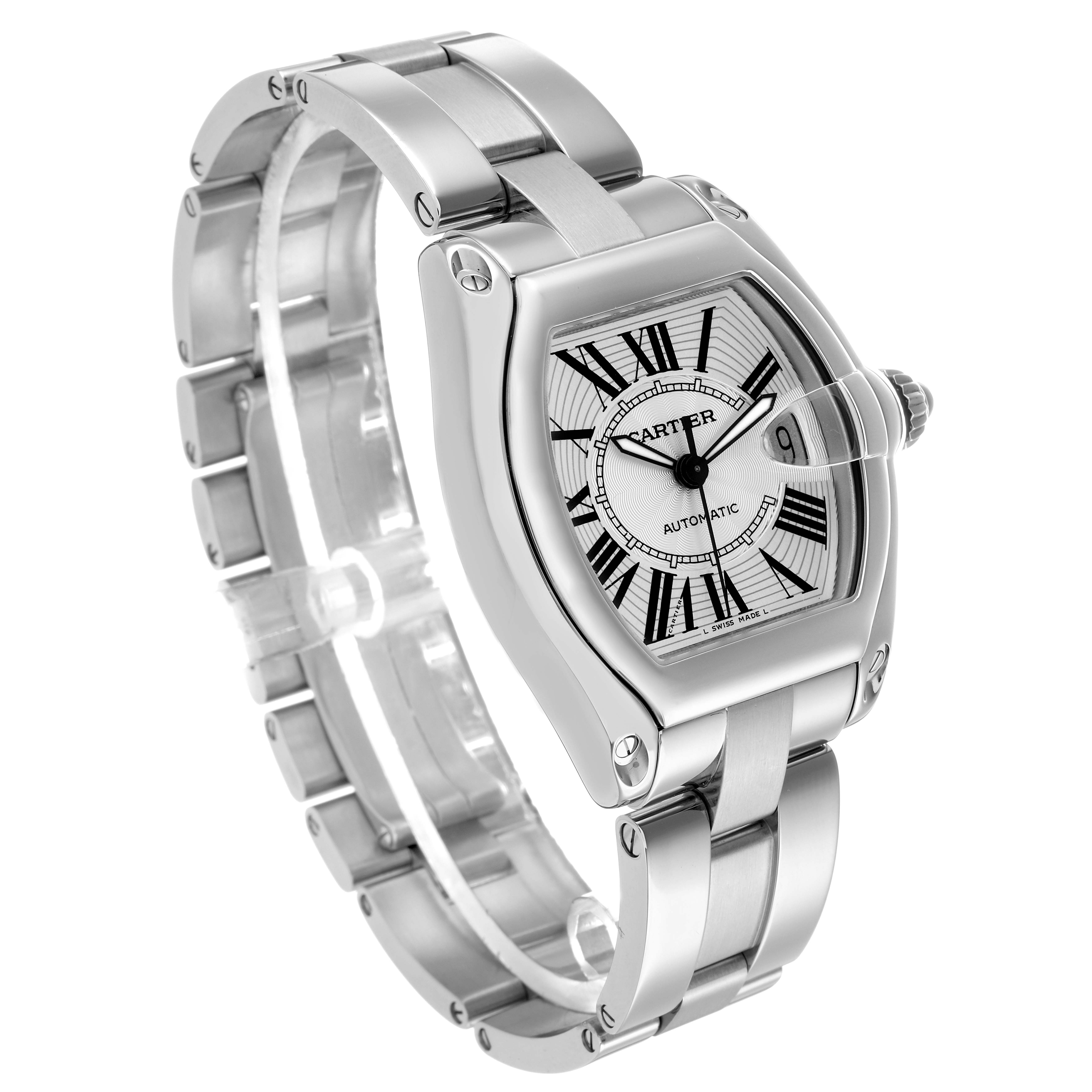 The Cartier Roadster W62025V3 Men's Stainless Steel Silver Dial watch is shown at a three-quarter angle, highlighting the dial, case, bracelet, and crown.