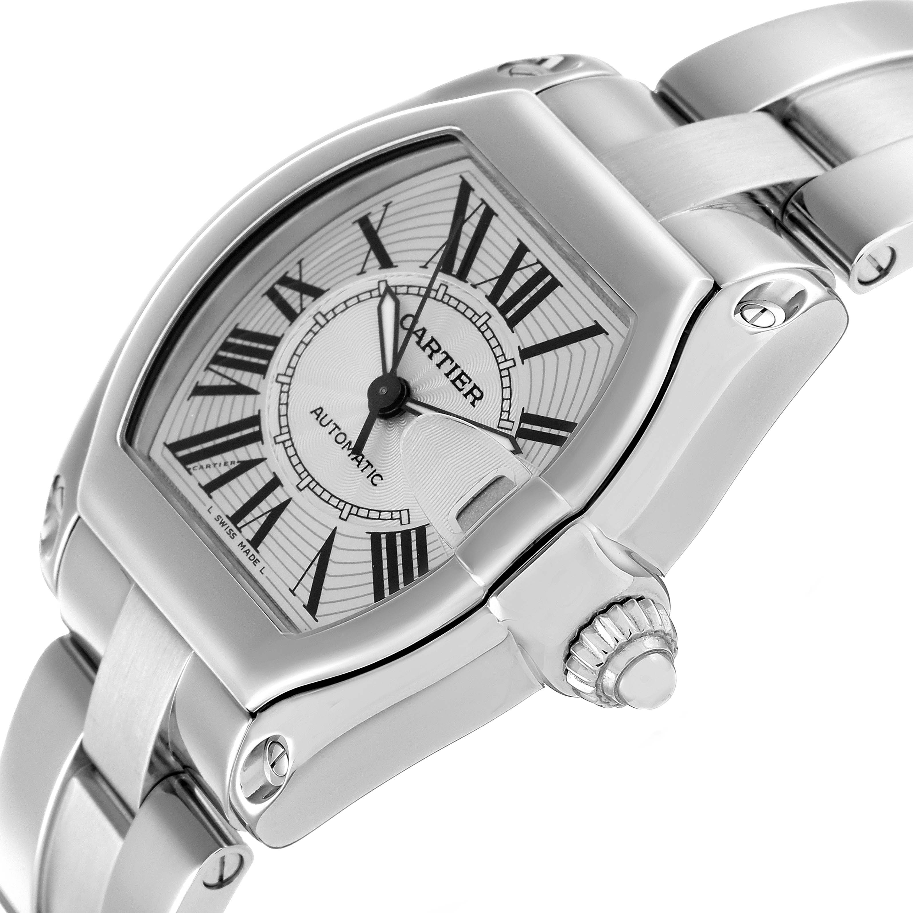 The Cartier Roadster W62025V3 Men's Stainless Steel Silver Dial watch is shown at a slight angle, highlighting its face, crown, and bracelet.