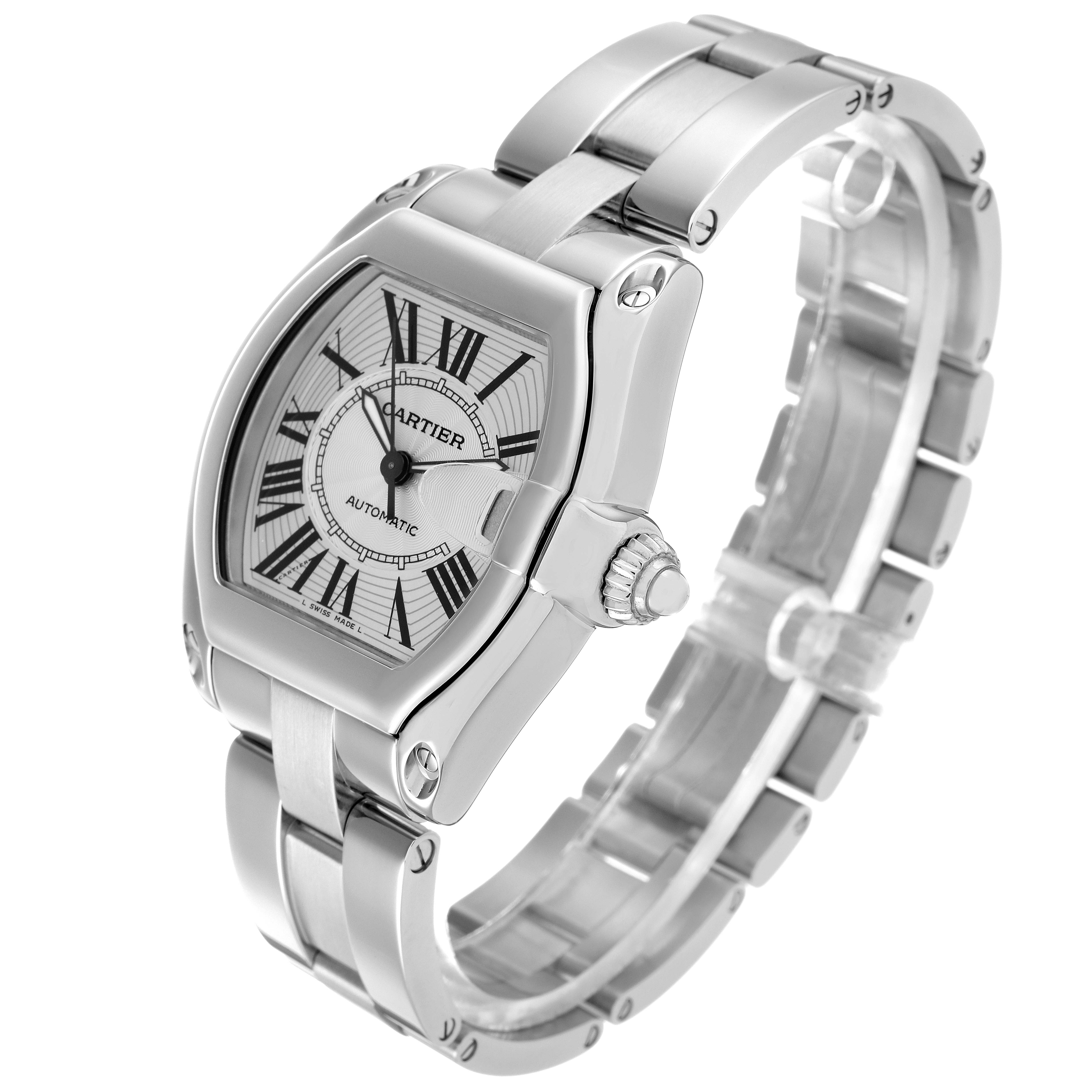 The Cartier Roadster W62025V3 Men's Stainless Steel Silver Dial watch is shown at a three-quarter angle, highlighting the face, bezel, and bracelet.