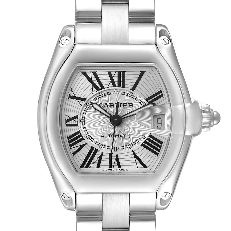 The Cartier Roadster W62025V3 Men's Stainless Steel Silver Dial watch is shown from a frontal angle, highlighting the dial, Roman numerals, and date display.
