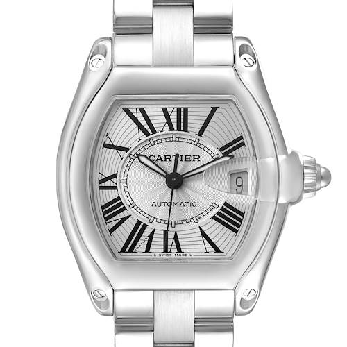 The Cartier Roadster W62025V3 Men's Stainless Steel Silver Dial watch is shown from the front, displaying its dial, case, crown, and part of the bracelet.