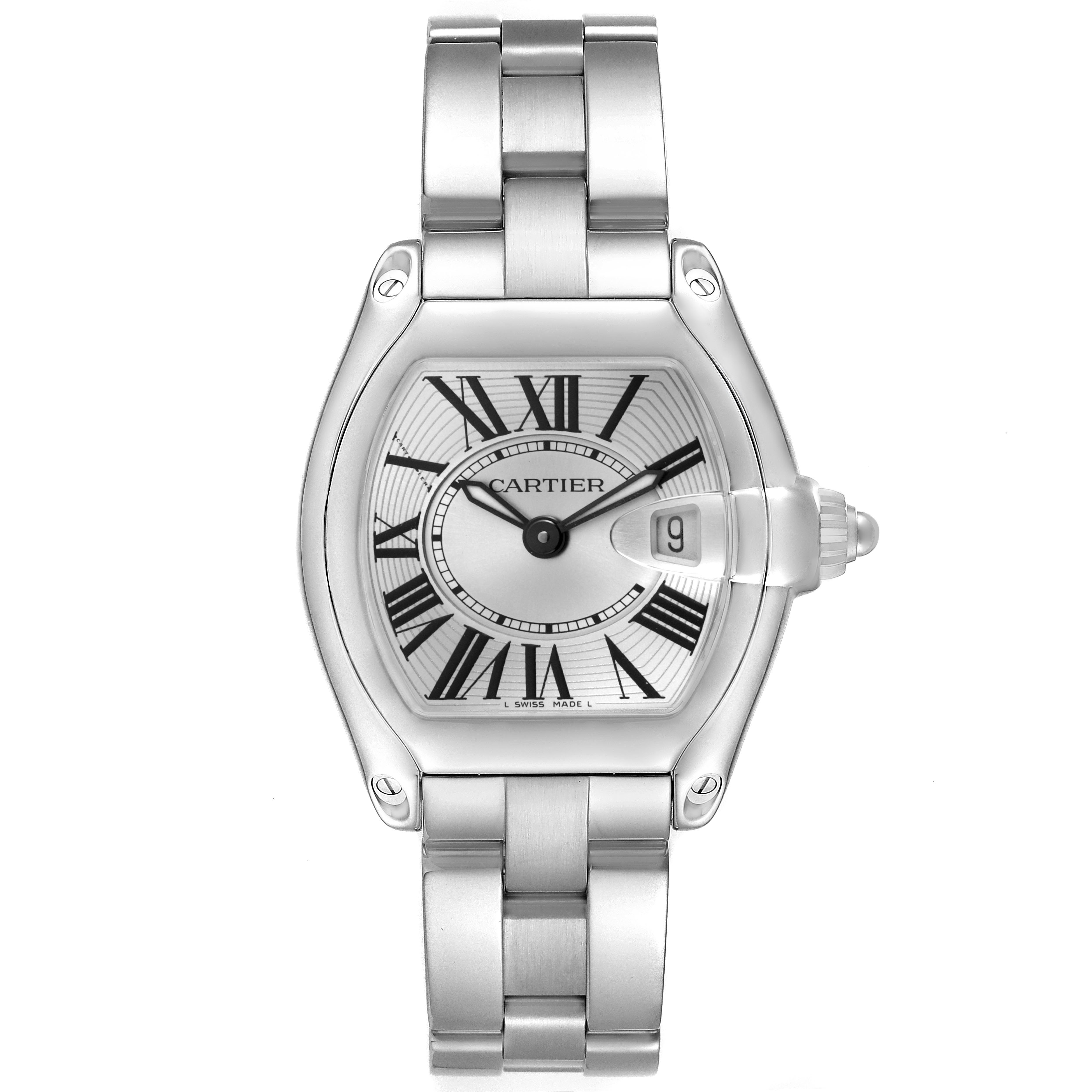 The Cartier Roadster W62016V3 Women's Stainless Steel Silver Dial watch is shown from a front view, displaying its face, case, bracelet, and crown.