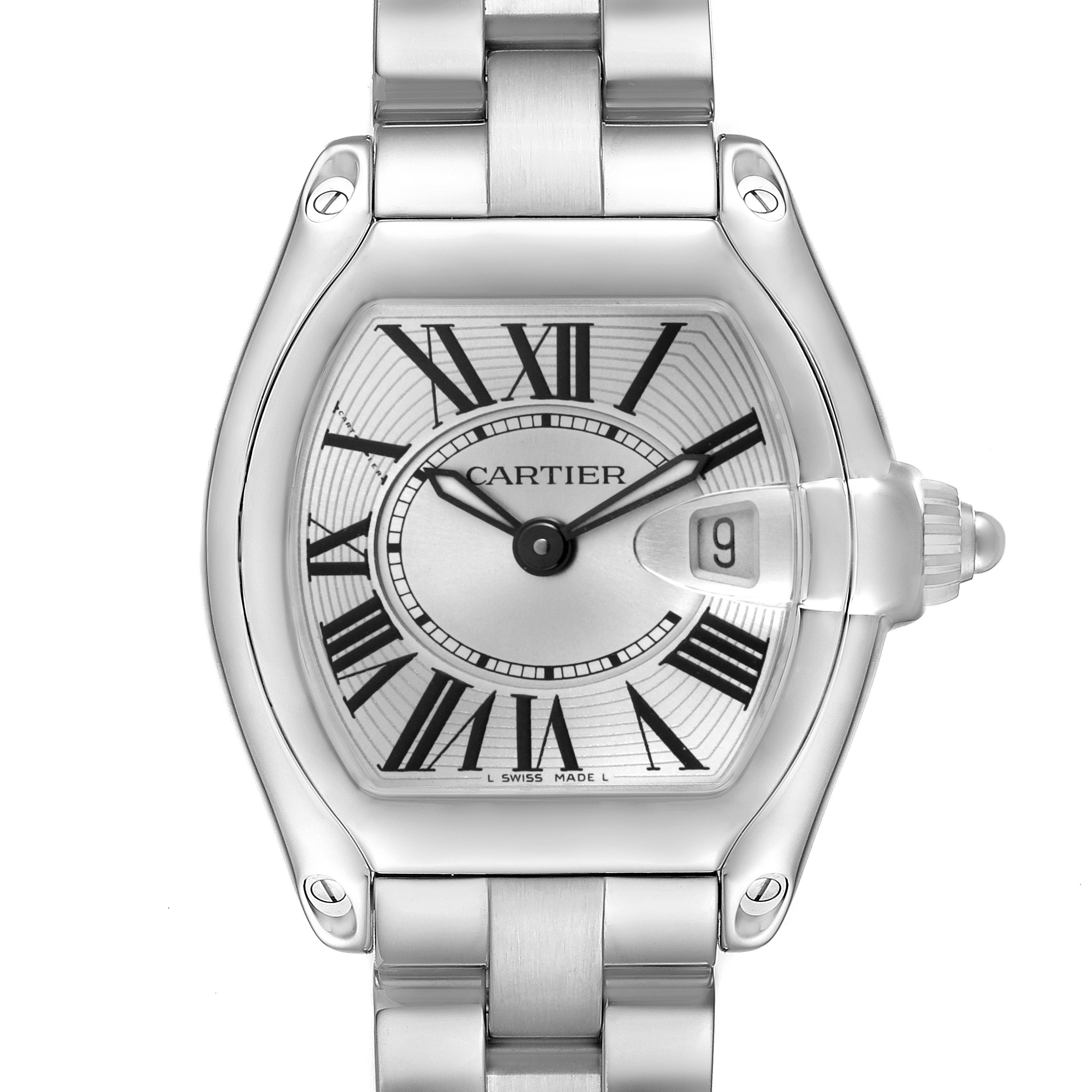 The Cartier Roadster W62016V3 Women's Stainless Steel Silver Dial watch is shown from the front, displaying the face, Roman numerals, and date window.