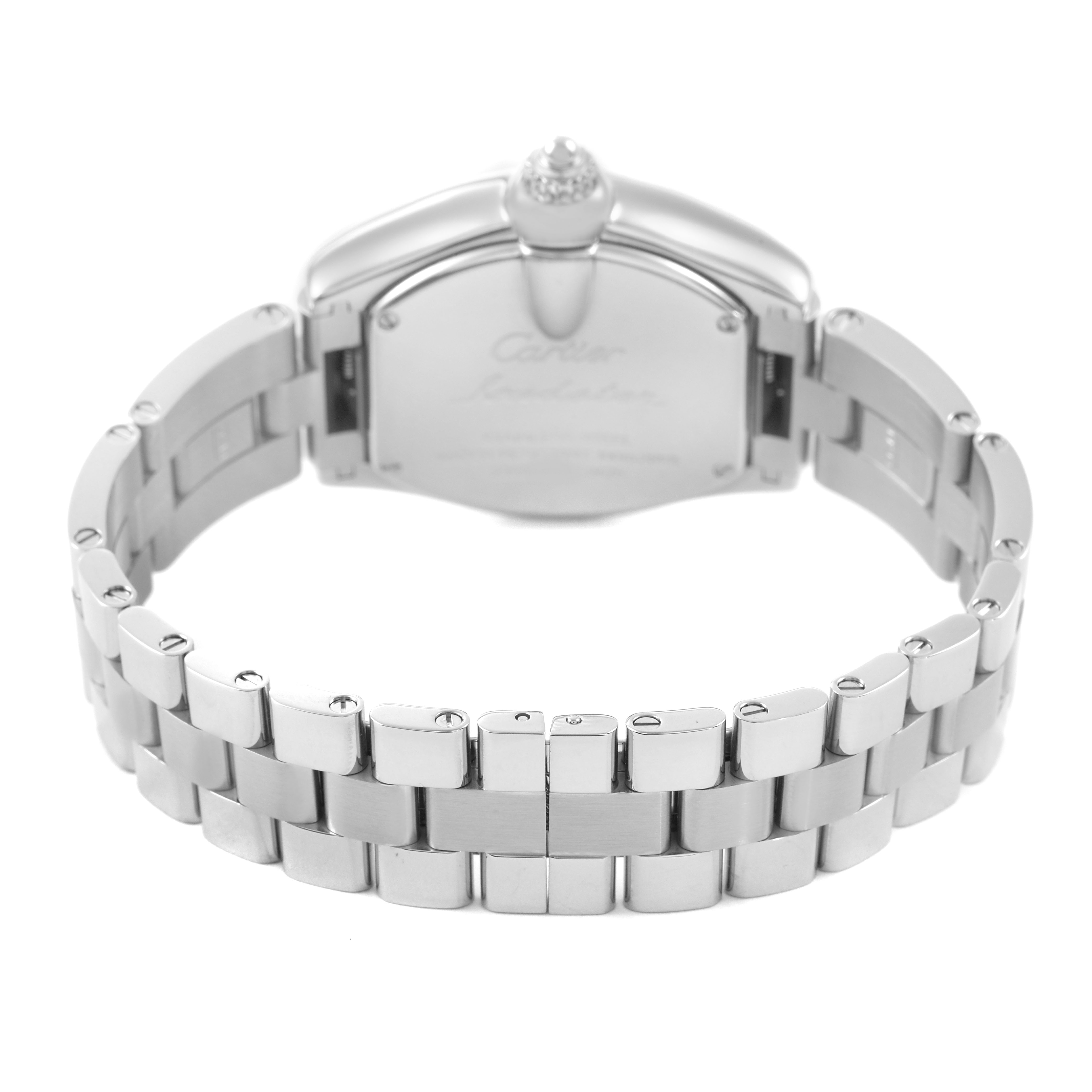 The image shows the back and bracelet of the Cartier Roadster W62016V3 Women's Stainless Steel Silver Dial watch, highlighting its polished metal links and clasp.