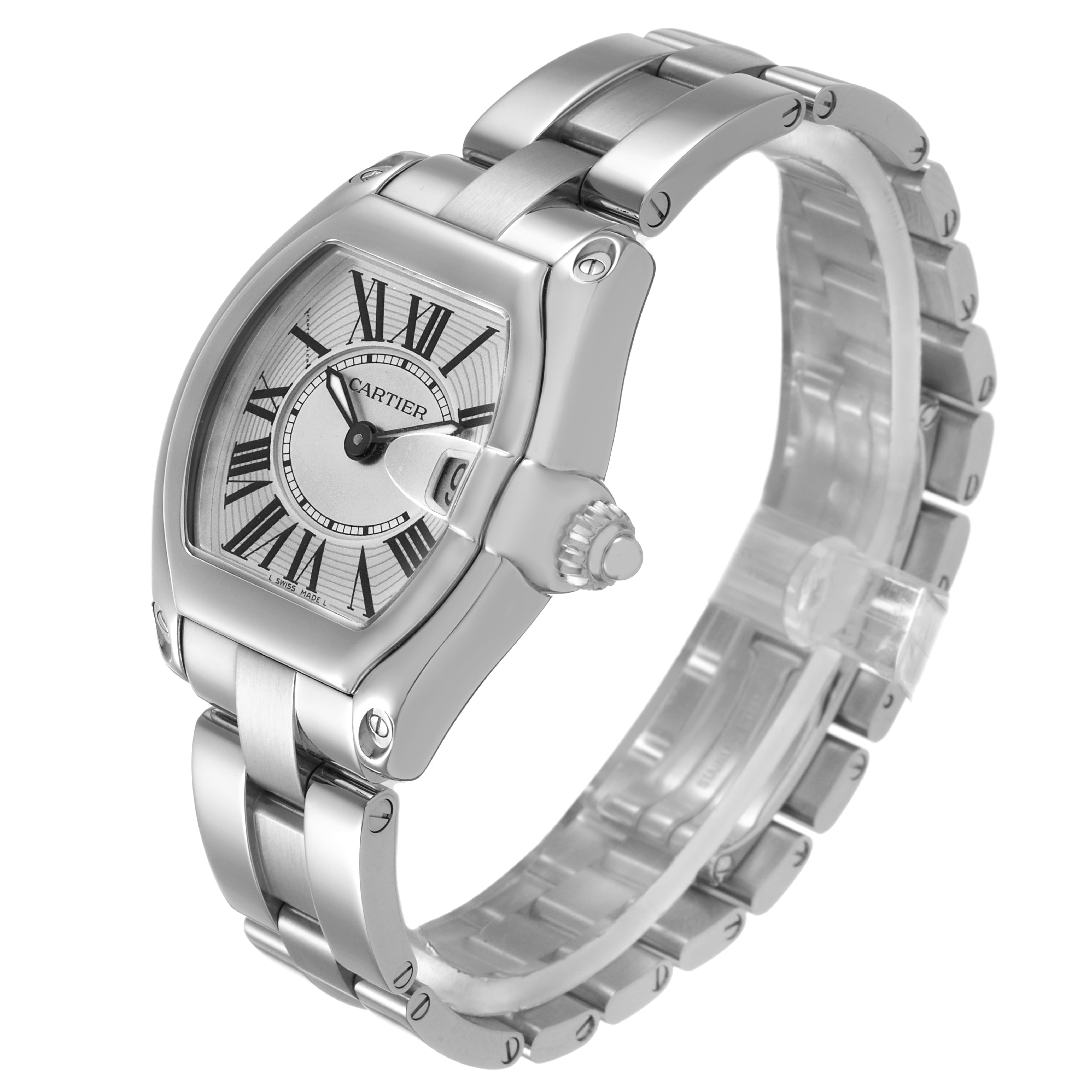 The Cartier Roadster W62016V3 Women's Stainless Steel Silver Dial watch is shown at a three-quarter angle, highlighting its dial, case, crown, and bracelet.