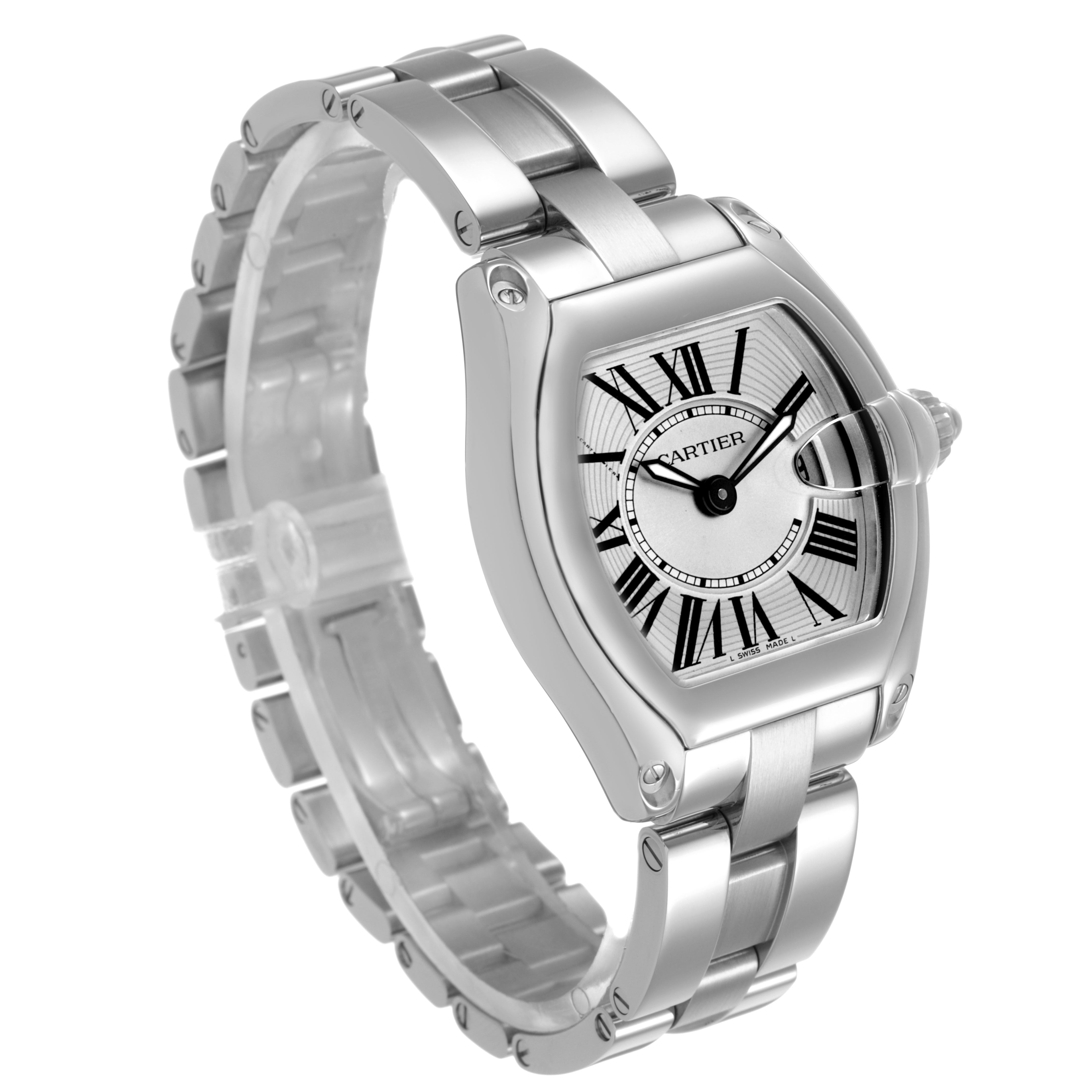 The Cartier Roadster W62016V3 Women's Stainless Steel Silver Dial watch is shown at a slight angle, highlighting its case, bracelet, and Roman numeral dial.