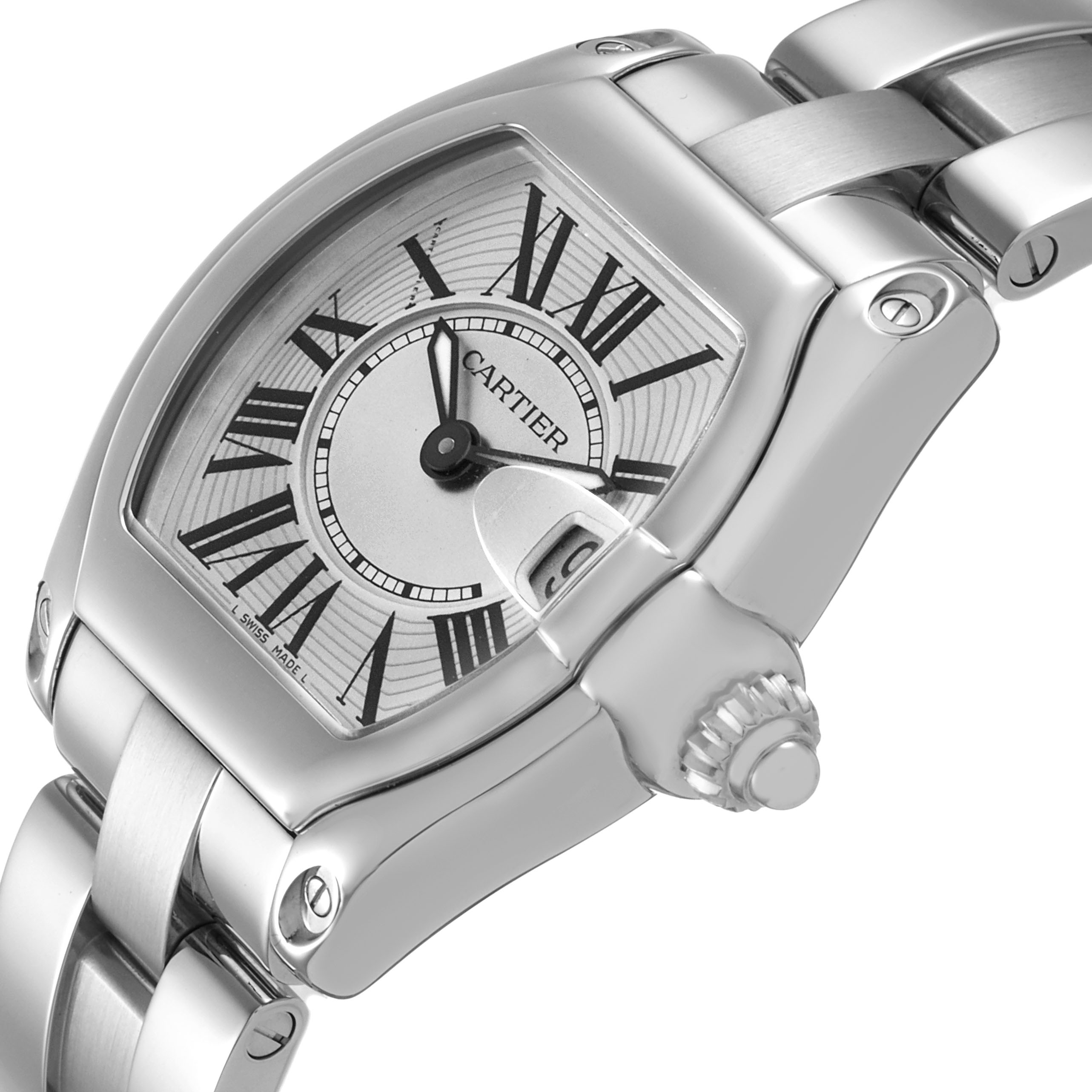The Cartier Roadster W62016V3 Women's Stainless Steel Silver Dial watch is shown at an angle highlighting the dial, crown guard, and stainless steel bracelet.