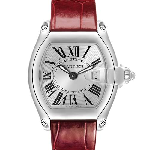 The Cartier Roadster W62016V3 Women's Stainless Steel Silver Dial watch is shown from the front, displaying the face, Roman numerals, and leather strap.