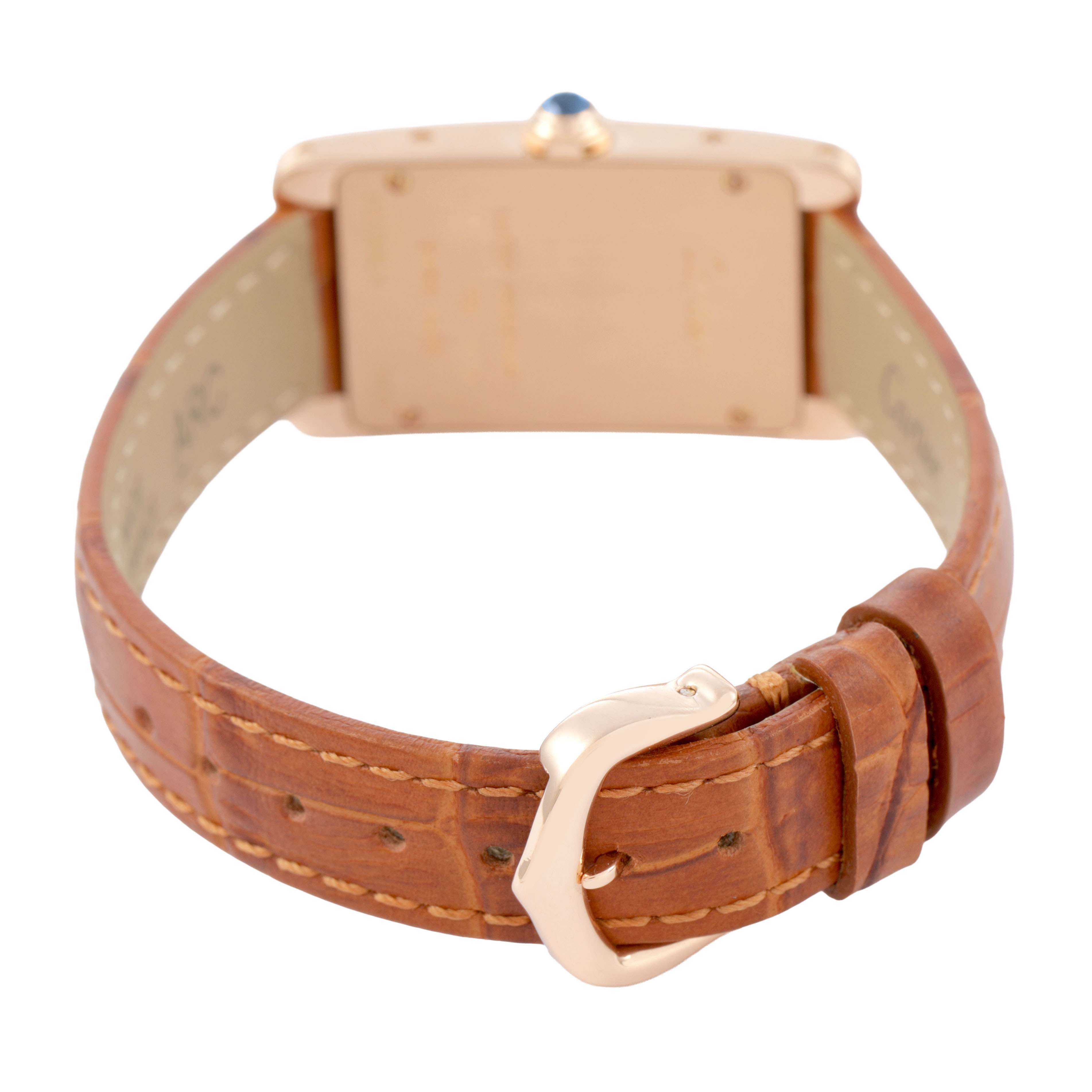 The image shows the back view of the Cartier Tank Americaine W2607456 Women's Rose Gold Silver Dial watch, highlighting the strap and buckle.