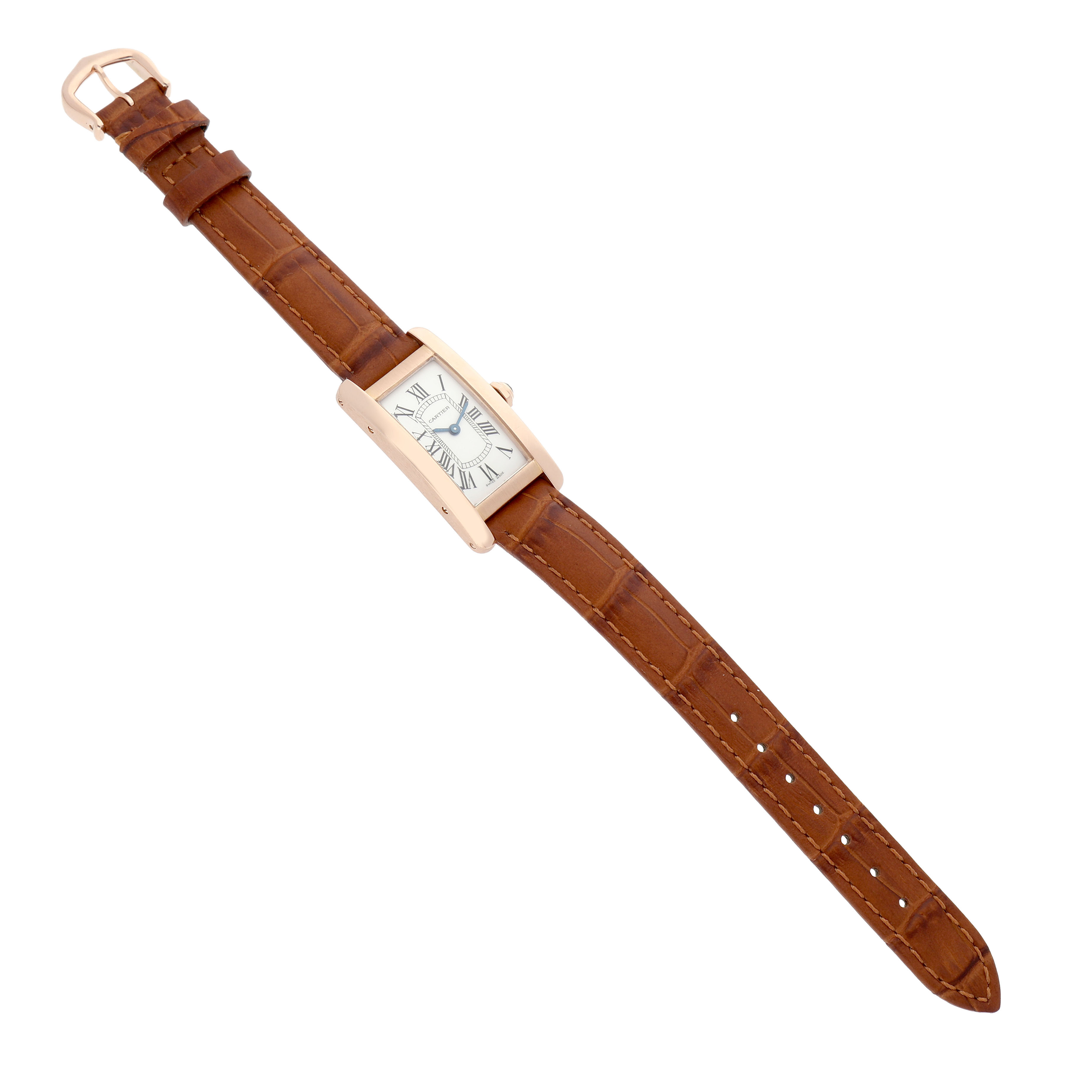The Cartier Tank Americaine W2607456 Women's Rose Gold Silver Dial watch is shown from a top-down angle, featuring the face, brown leather strap, and gold buckle.