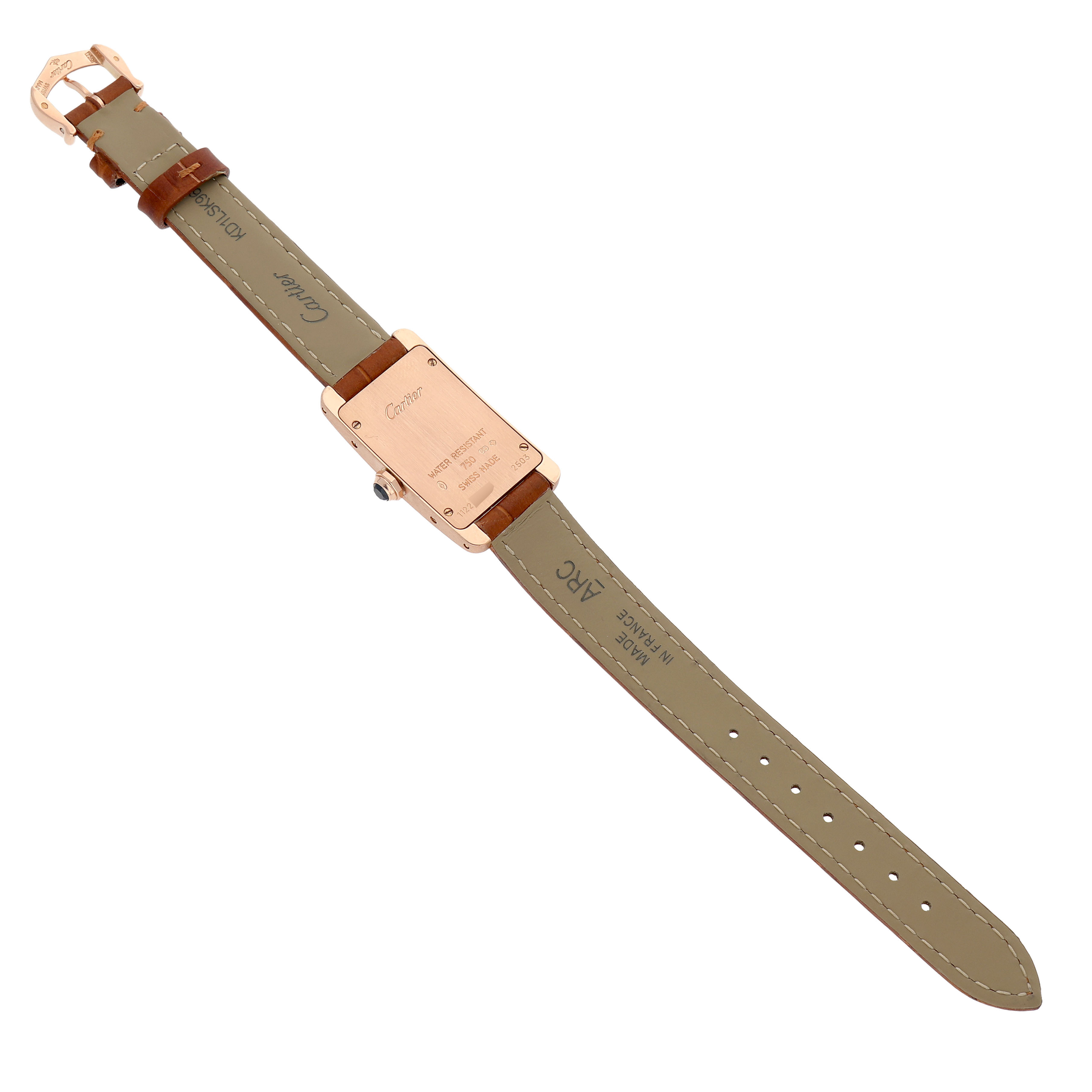 The image shows the back view of the Cartier Tank Americaine W2607456 Women's Rose Gold Silver Dial watch, highlighting the strap and case back.