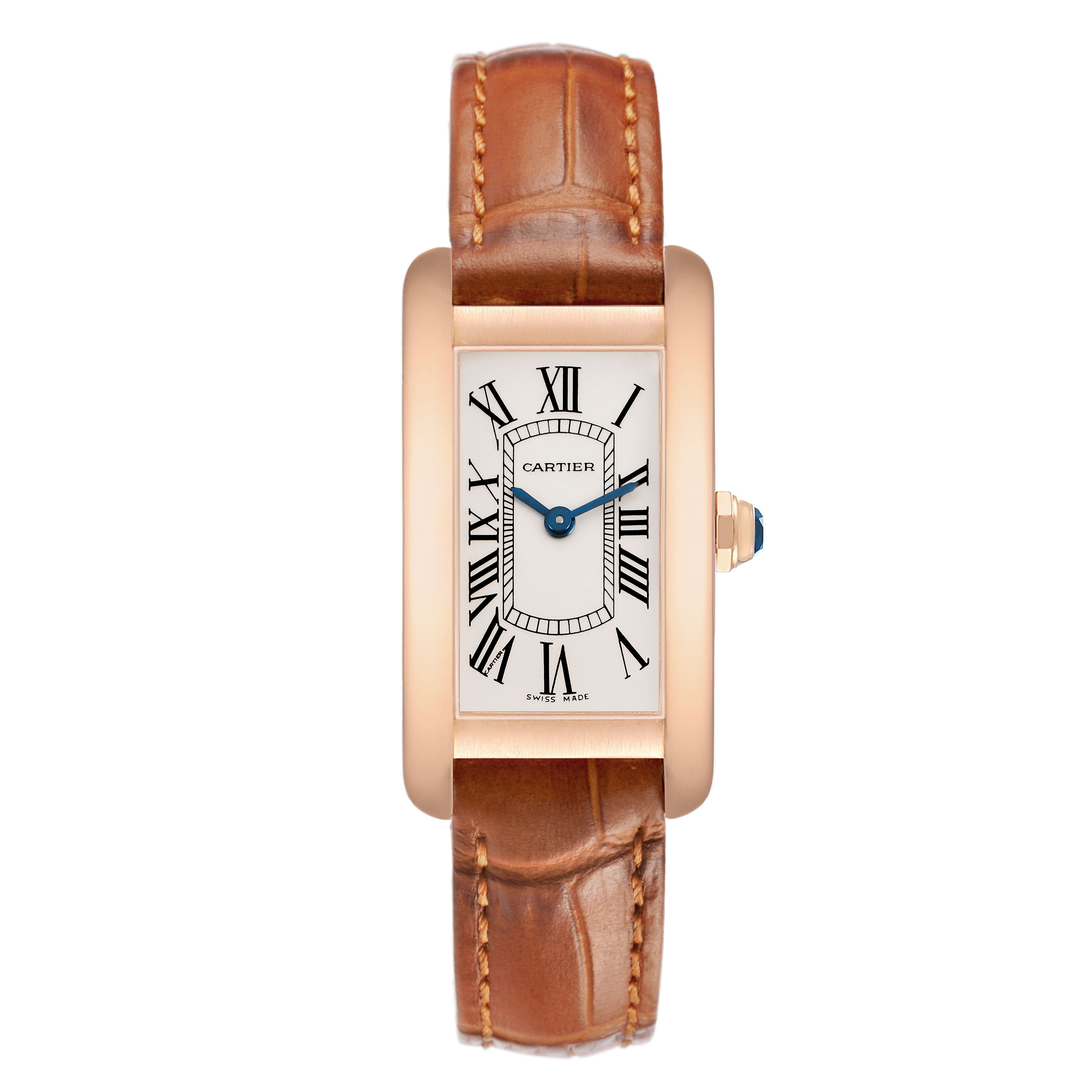 The Cartier Tank Américaine watch is shown from a top-down angle, displaying the face, case, strap, and crown.