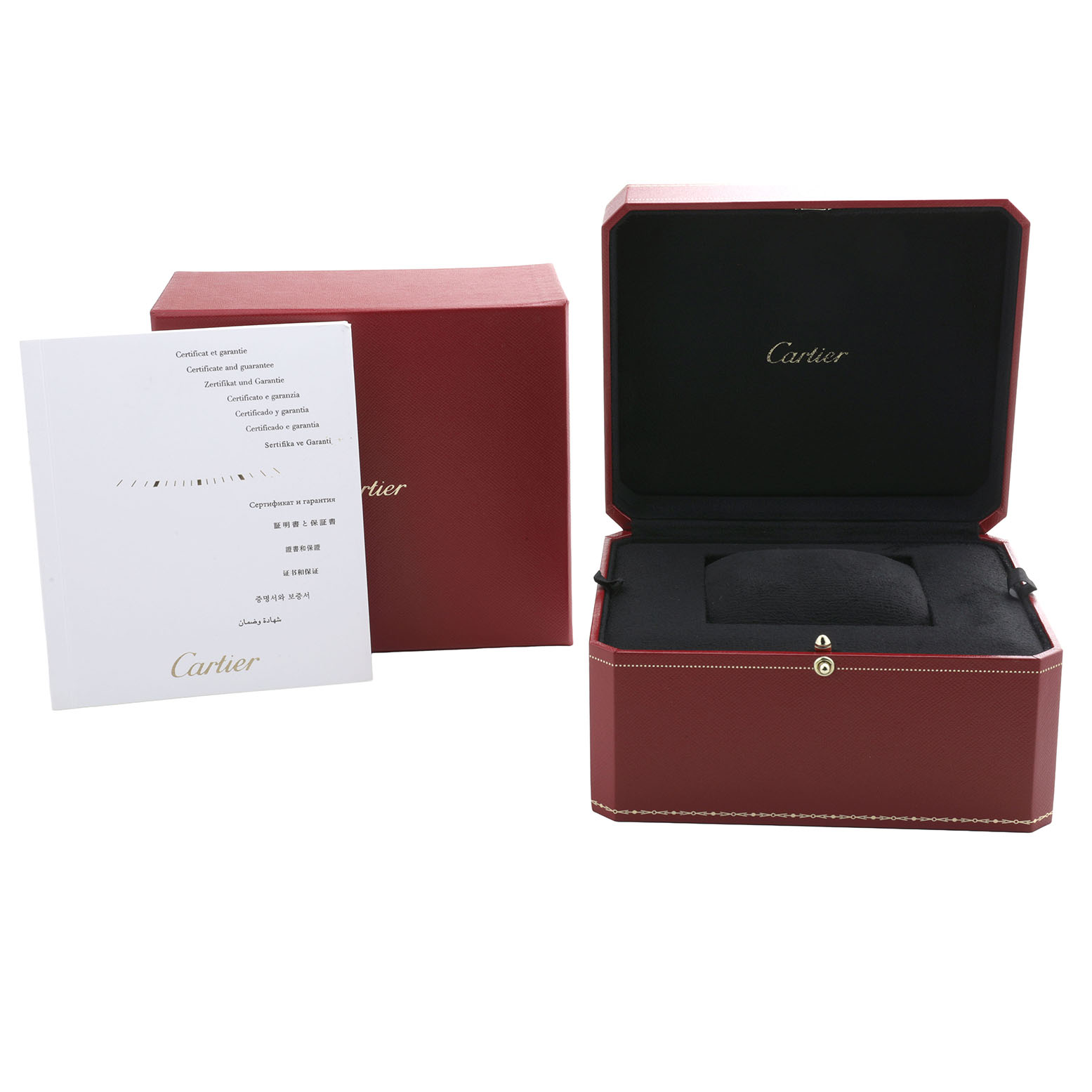 The image shows a Cartier Tank Américaine watch box and warranty booklet from a frontal angle.