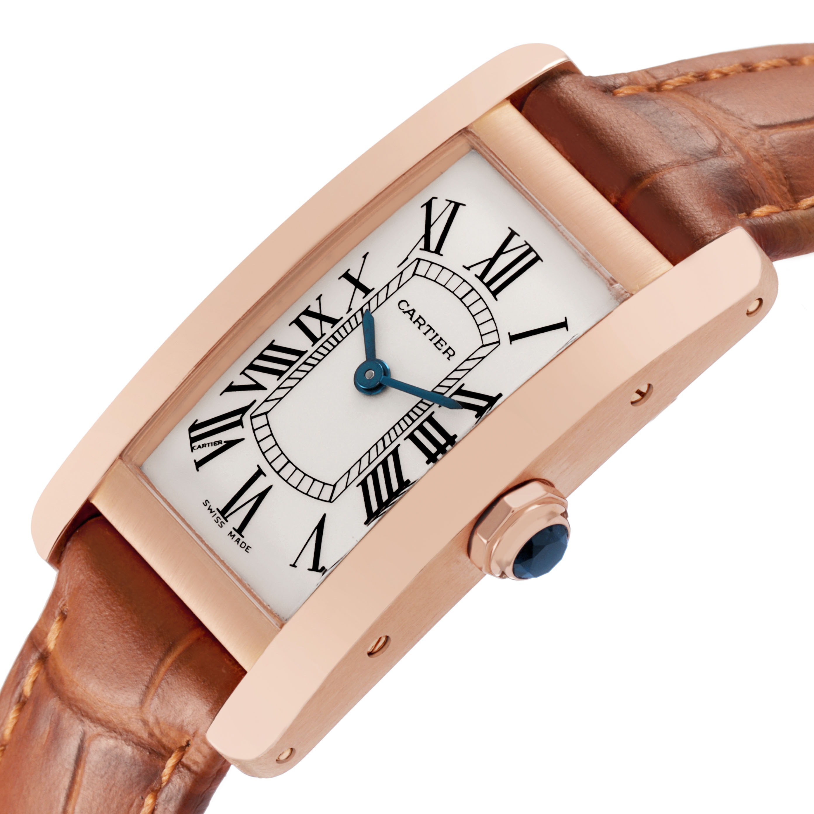 The Cartier Tank Américaine watch is shown at an angle, highlighting the rectangular face, crown, and brown leather strap.