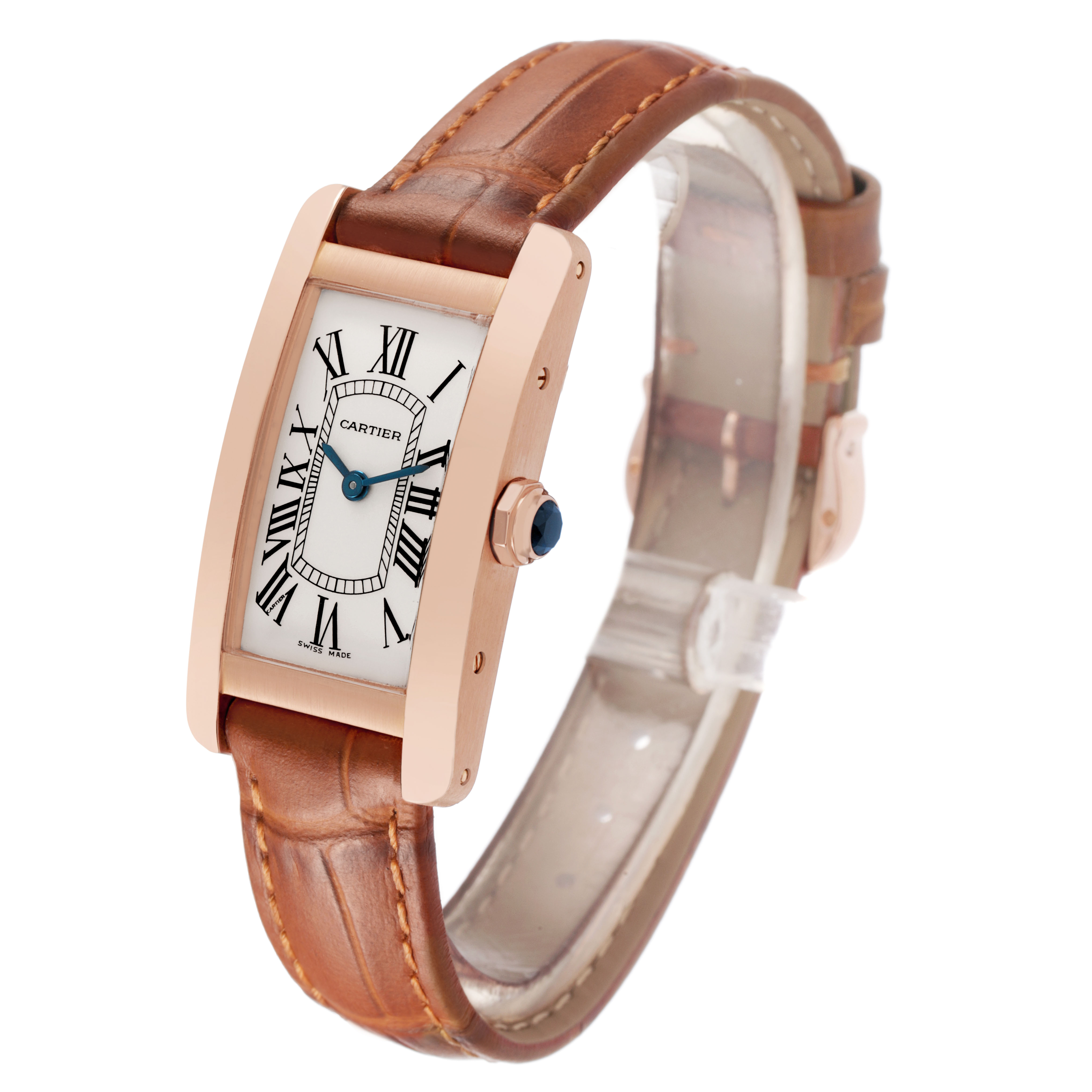The Cartier Tank Américaine watch is shown at an angled side view, displaying its rectangular face, crown, and leather strap.