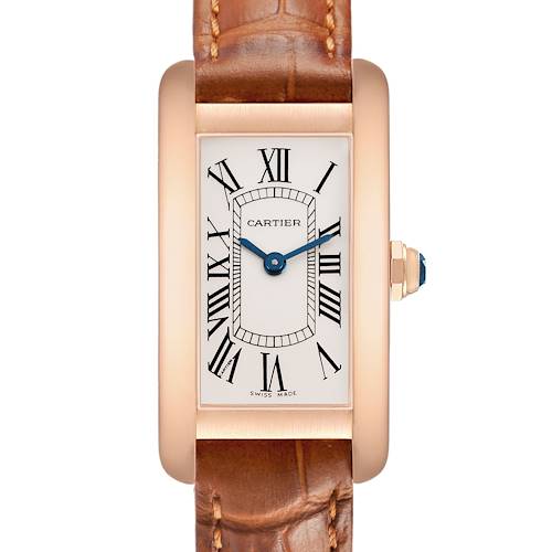 The Cartier Tank Americaine W2607456 Women's Rose Gold Silver Dial watch is shown from a front angle displaying the face, Roman numerals, hands, and partial strap.