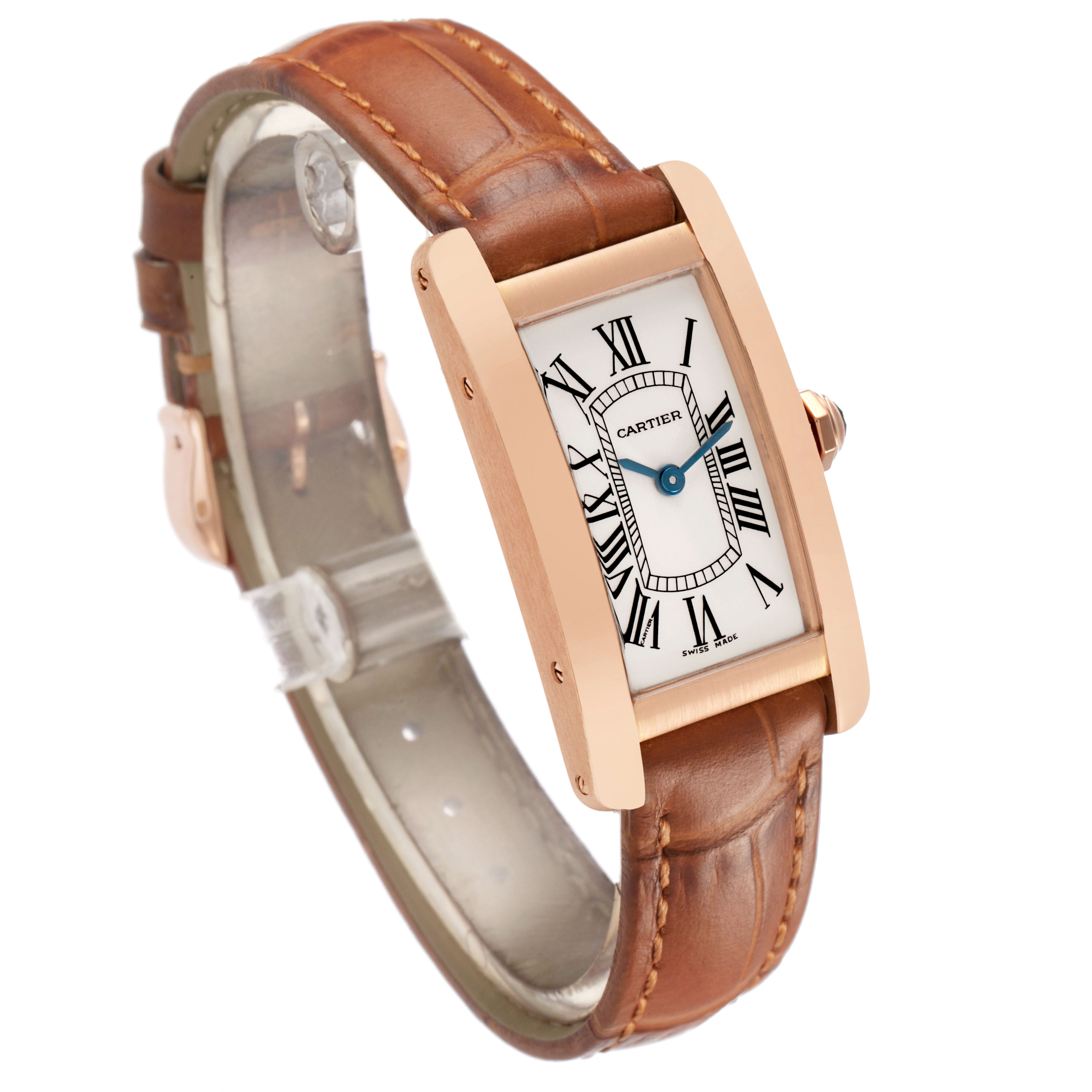 The Cartier Tank Americaine W2607456 Women's Rose Gold Silver Dial watch is shown at a three-quarter angle, highlighting its rectangular face, leather strap, and crown.