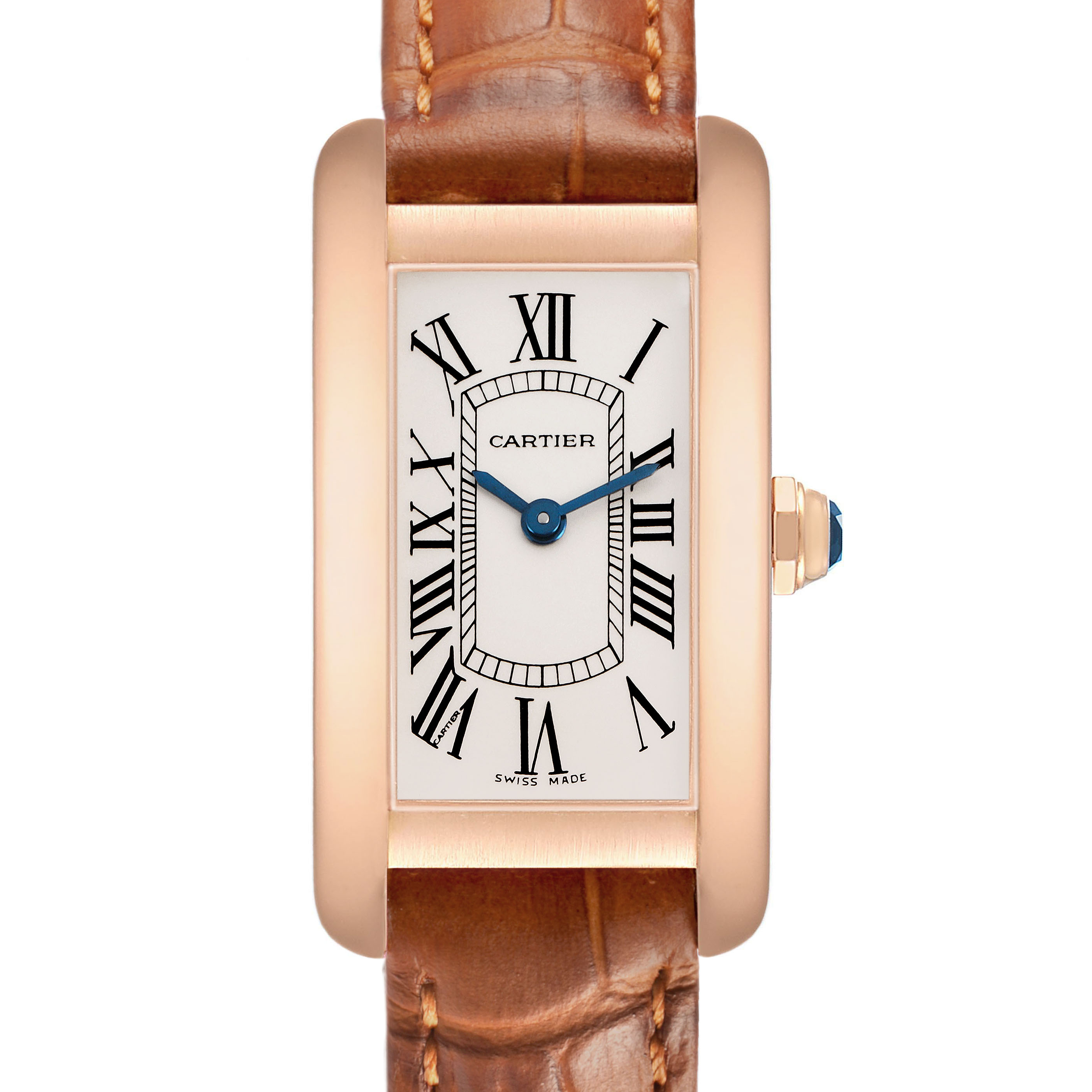 The Cartier Tank Americaine W2607456 Women's Rose Gold Silver Dial watch is shown from a front angle, highlighting its rectangular face, Roman numerals, and leather strap.