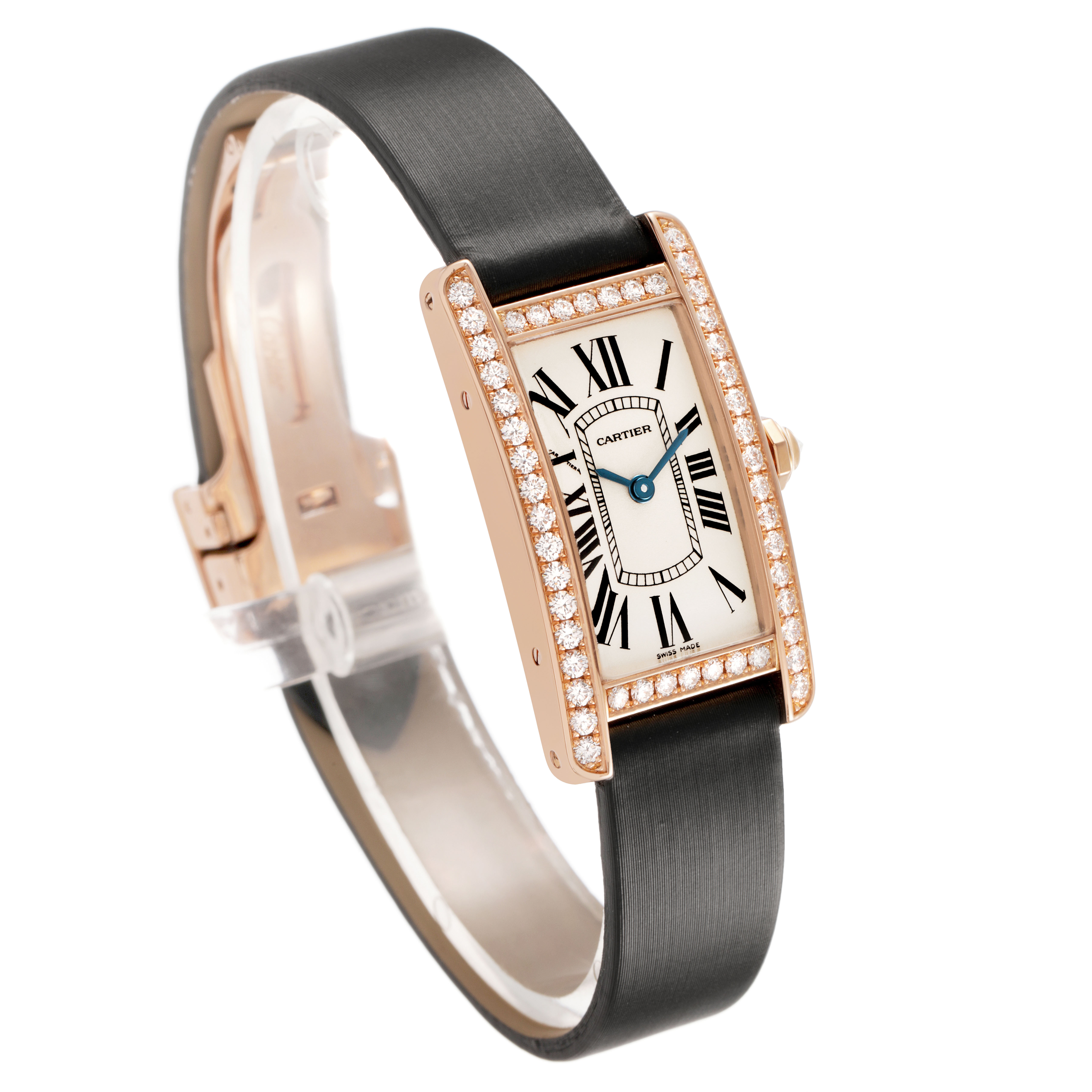 The Cartier Tank Américaine watch is shown at a three-quarter angle, highlighting its diamond-set bezel and black strap.