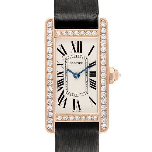 The Cartier Tank Americaine WJTA0002 Women's Rose Gold Silver Dial watch is shown from a front angle, highlighting its diamond-studded bezel and Roman numeral dial.