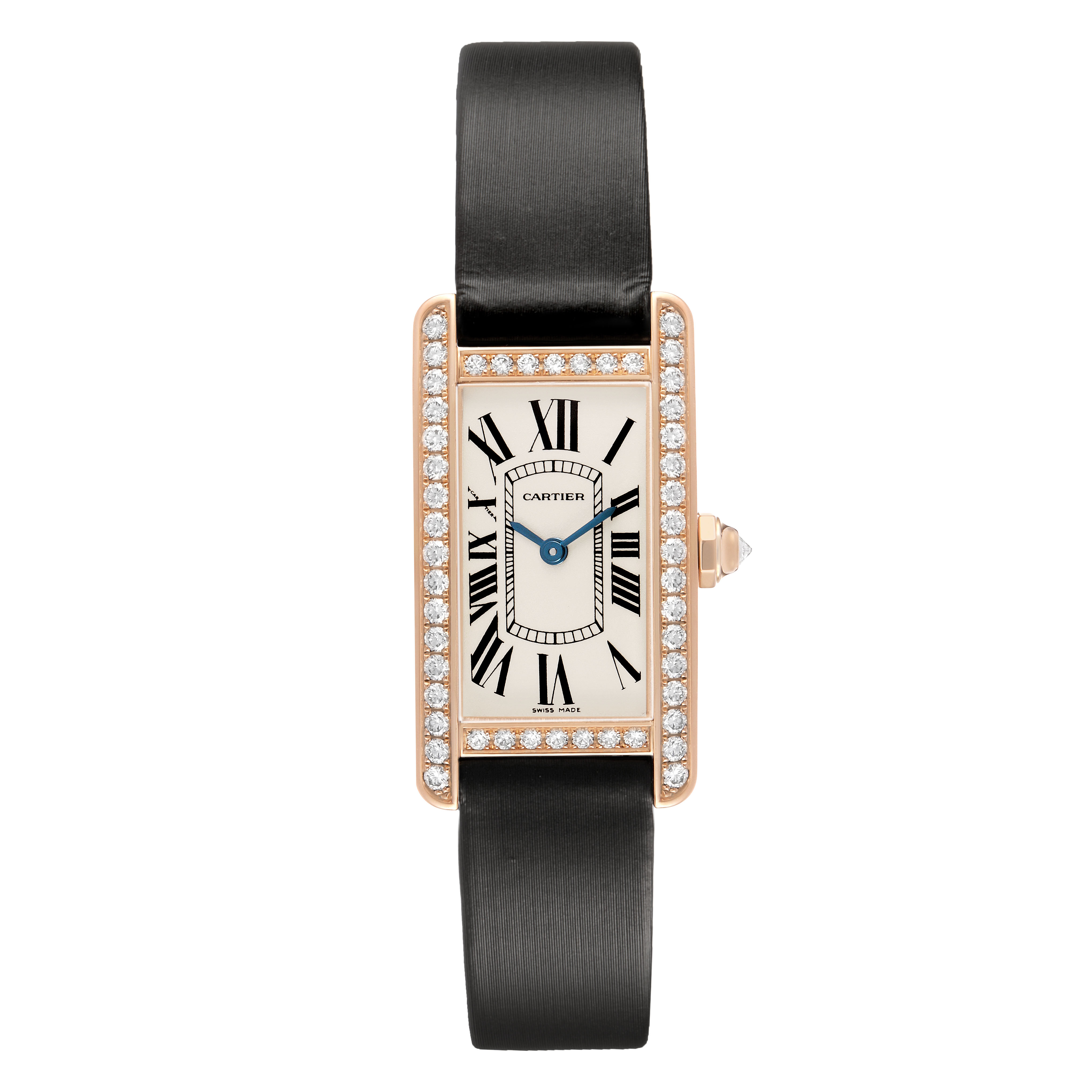 The Cartier Tank Americaine WJTA0002 Women's Rose Gold Silver Dial watch is shown from a front angle, featuring a diamond-accented rectangular case and a black strap.
