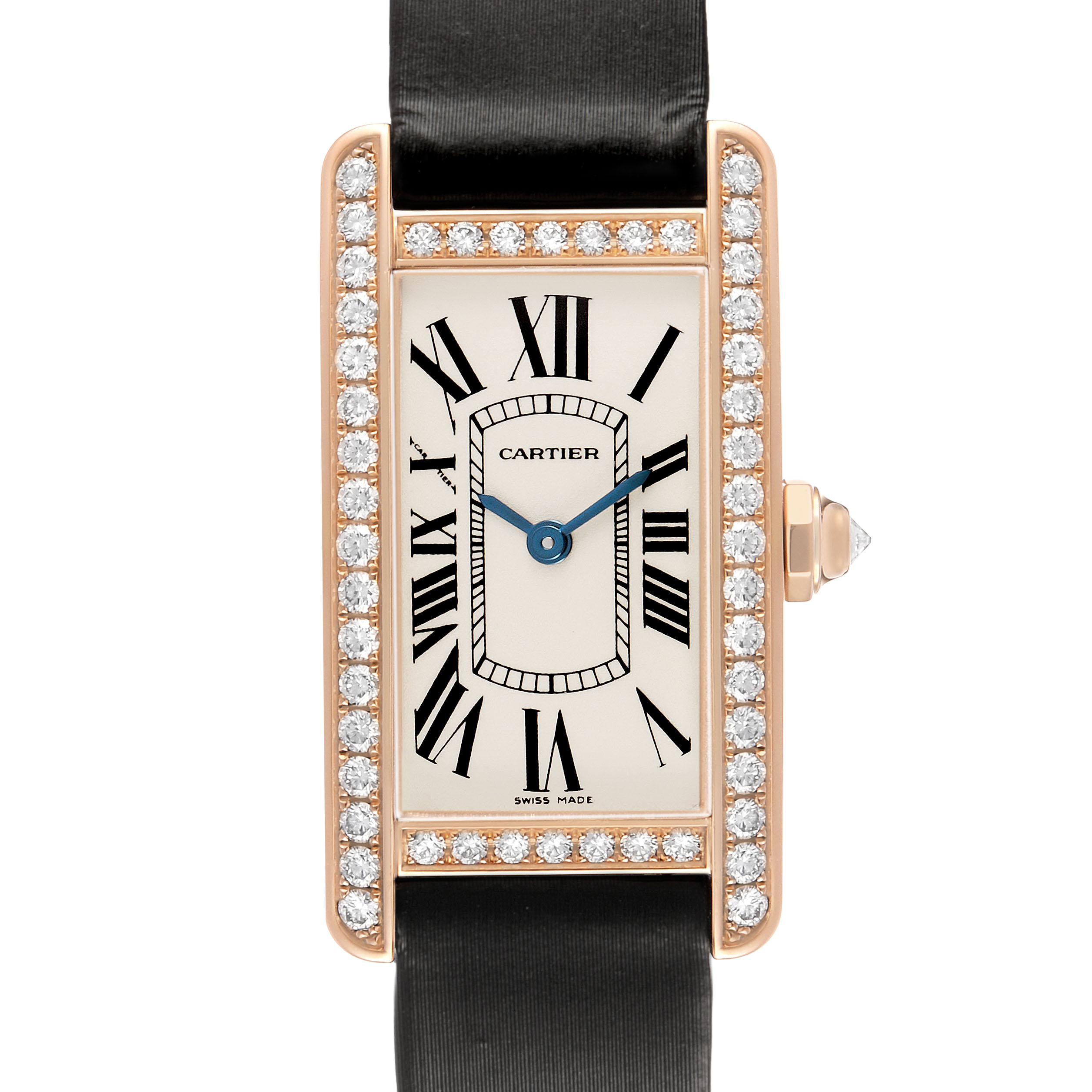 The Cartier Tank Américaine watch is shown from a front angle, highlighting its rectangular face, diamond bezel, and black strap.