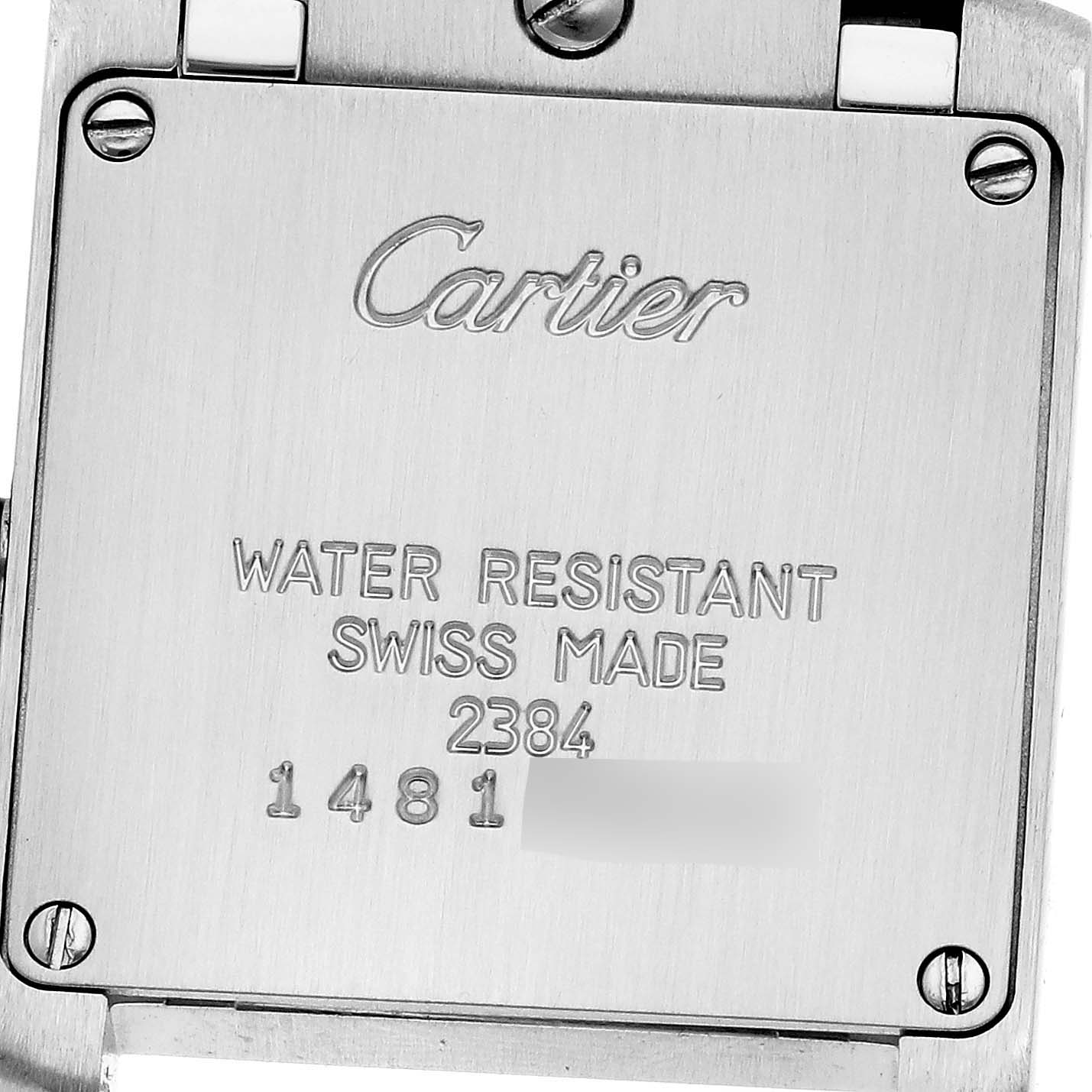 The image shows the back casing of a Cartier Tank Francaise W51007Q4 Women's Steel and Gold (two tone) Silver Dial W51007Q4 Women's Steel and Gold (two tone) Silver Dial watch.