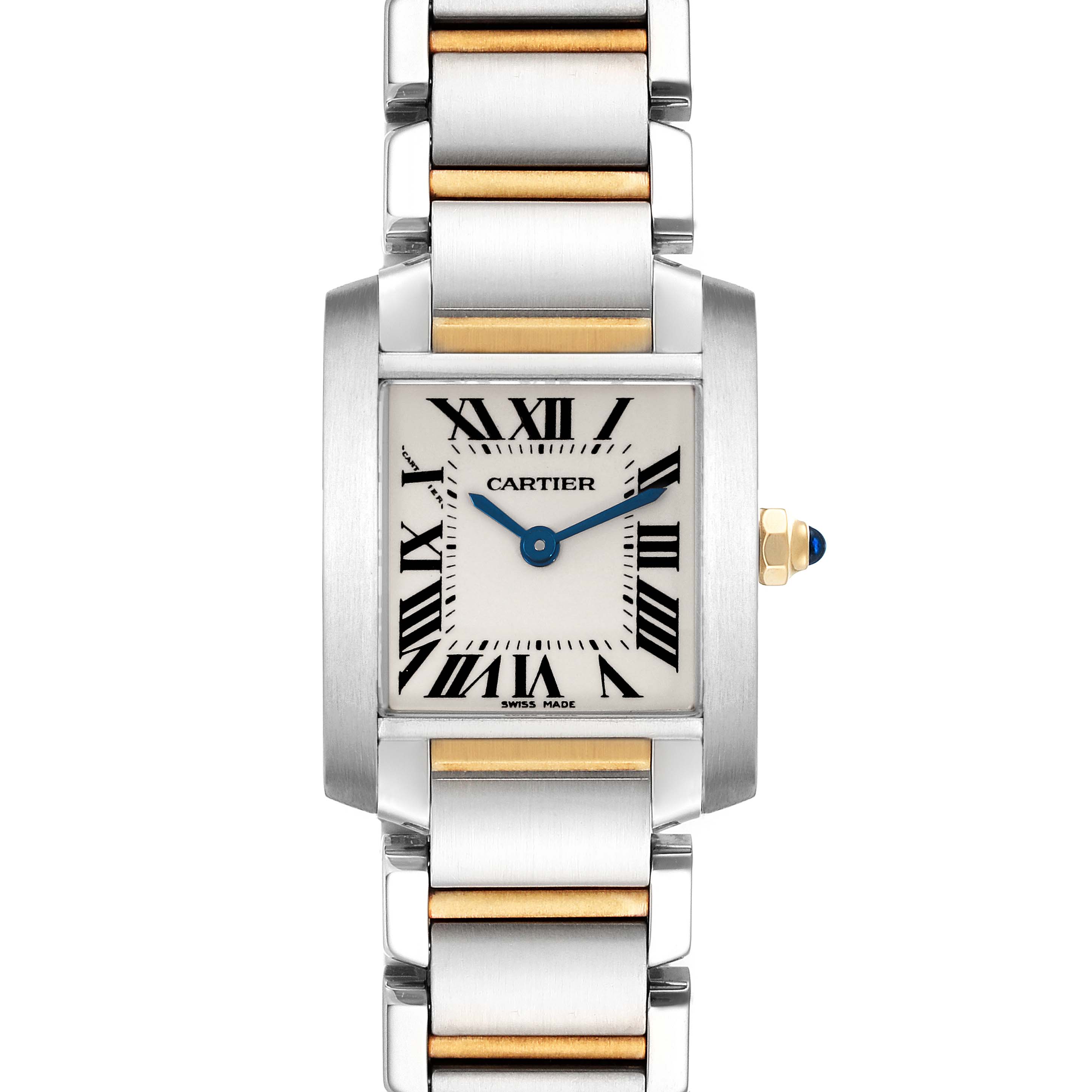 The Cartier Tank Francaise W51007Q4 Women's Steel and Gold (two tone) Silver Dial W51007Q4 Women's Steel and Gold (two tone) Silver Dial watch is shown from a frontal angle, highlighting its face, bracelet, and crown.