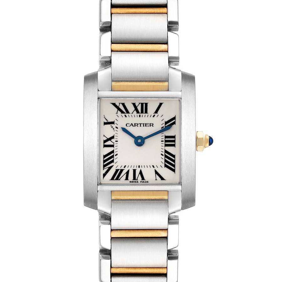 The Cartier Tank Francaise watch is shown from a frontal angle, highlighting its face, bracelet, and crown.