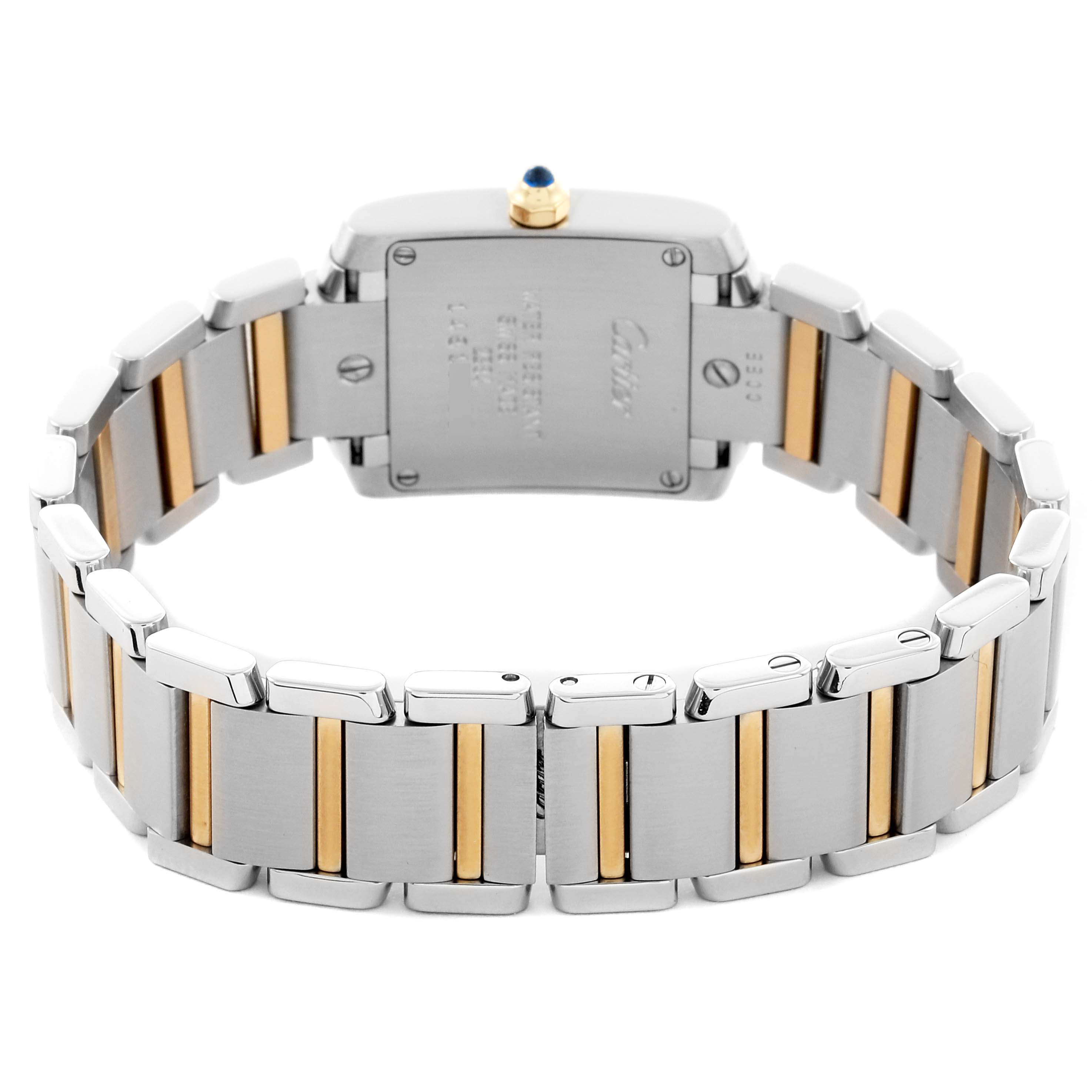 The image shows the back and bracelet of the Cartier Tank Française watch, highlighting the metal links and case back details.