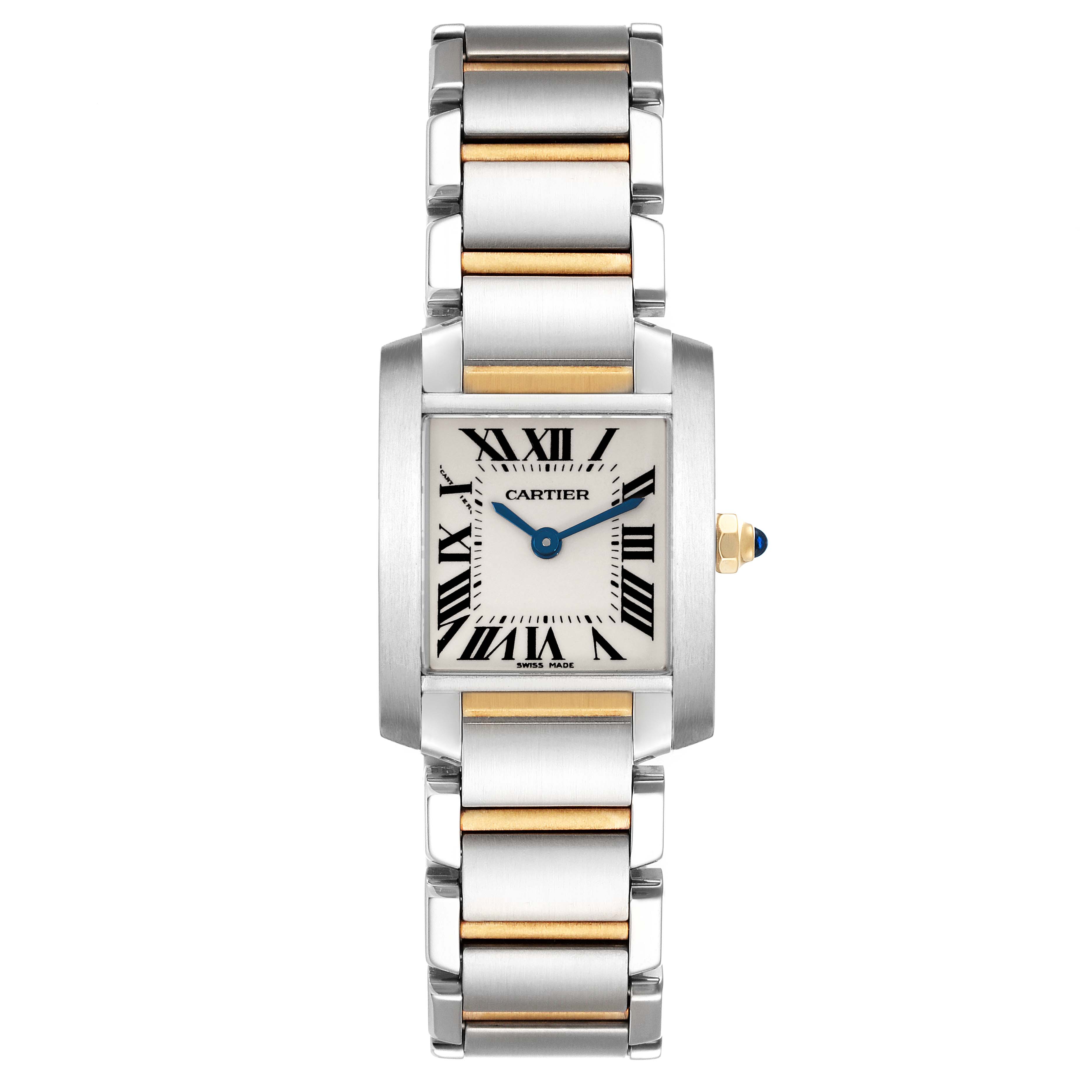 The image shows a Cartier Tank Française watch from a top-down angle, showcasing its face, bracelet, and crown detail.