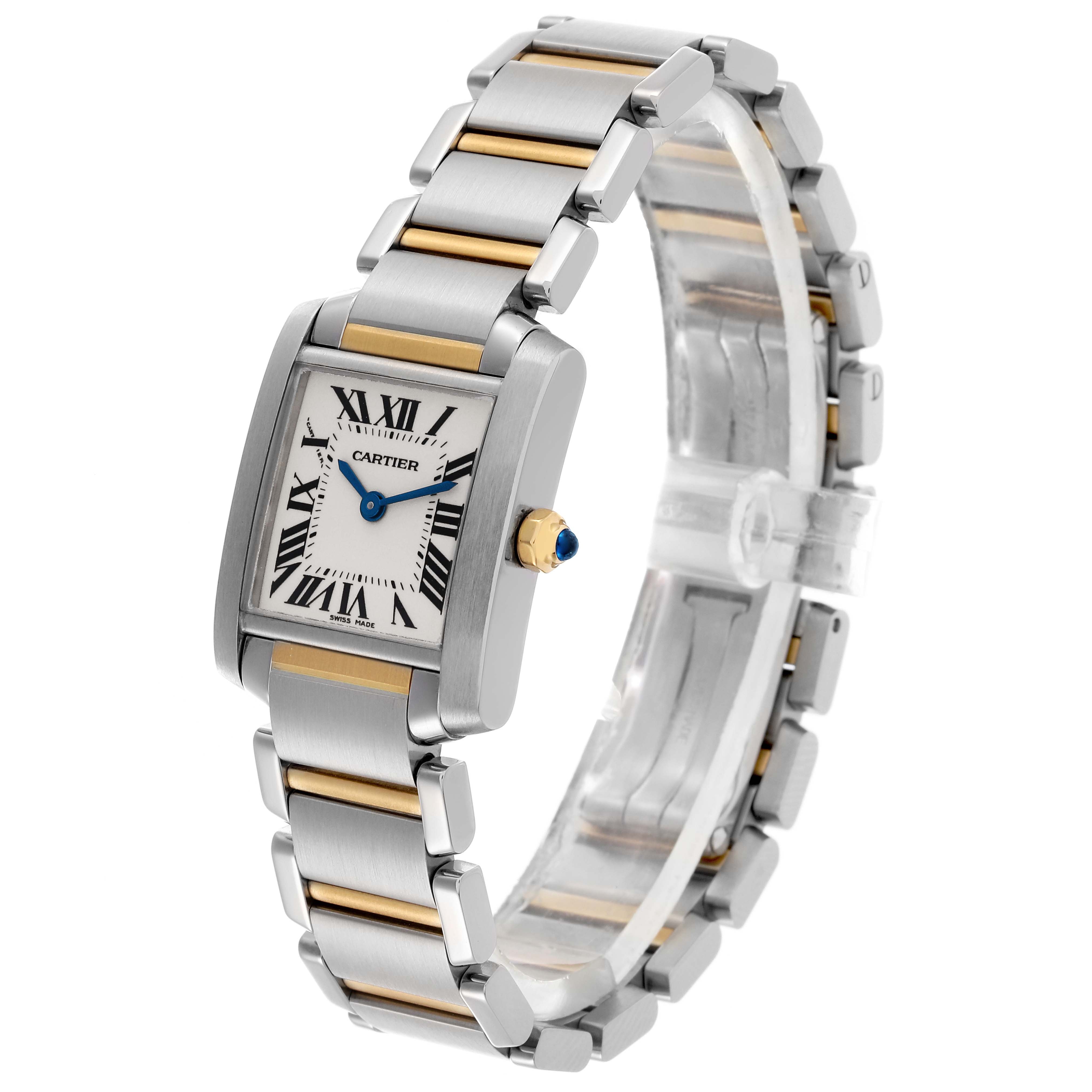 The Cartier Tank Francaise W51007Q4 Women's Steel and Gold (two tone) Silver Dial W51007Q4 Women's Steel and Gold (two tone) Silver Dial watch is shown at a three-quarter angle, highlighting the face, bracelet, and crown.