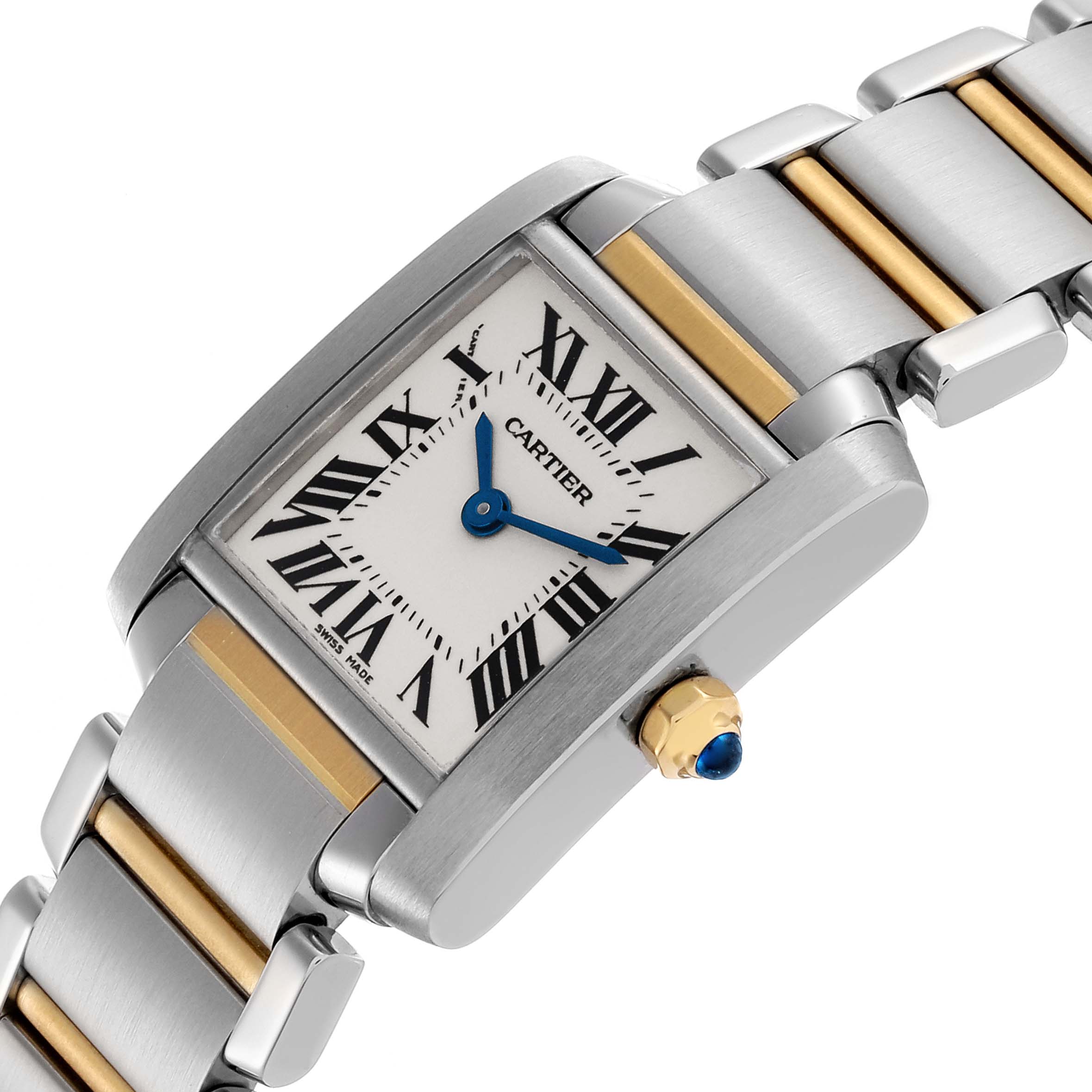 The Cartier Tank Francaise W51007Q4 Women's Steel and Gold (two tone) Silver Dial W51007Q4 Women's Steel and Gold (two tone) Silver Dial is shown at a tilted angle highlighting the dial, bracelet, and crown.