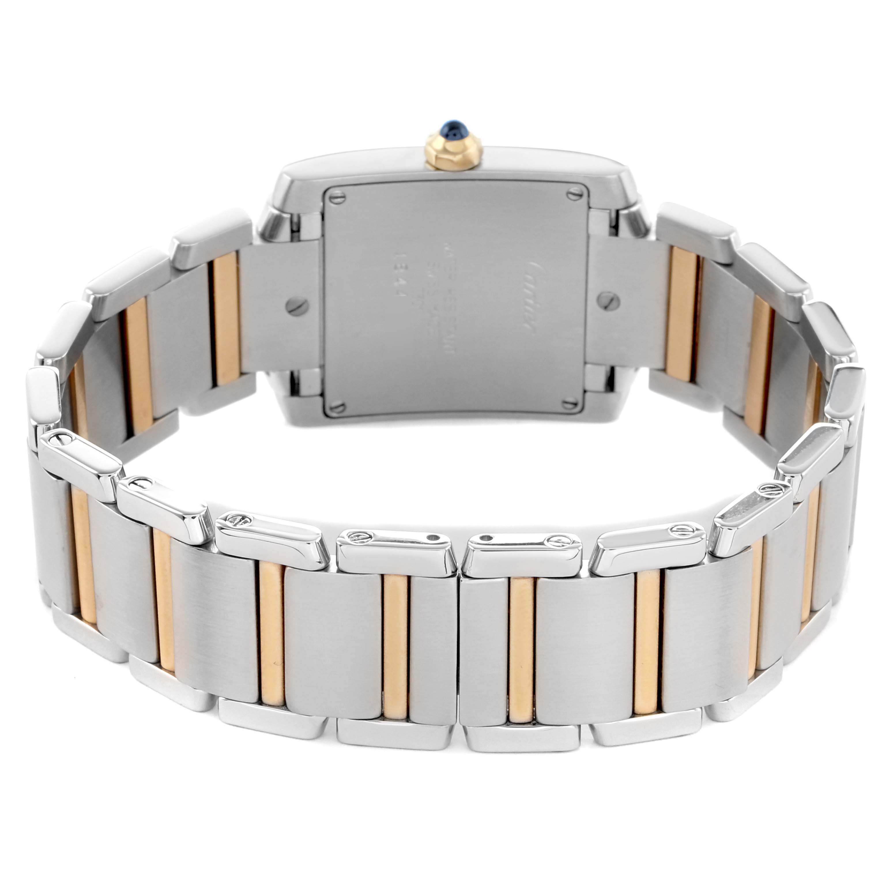 The image shows the back of a Cartier Tank Francaise W51006Q4 Women's Steel and Gold (two tone) Silver Dial watch, highlighting its metal bracelet and clasp.