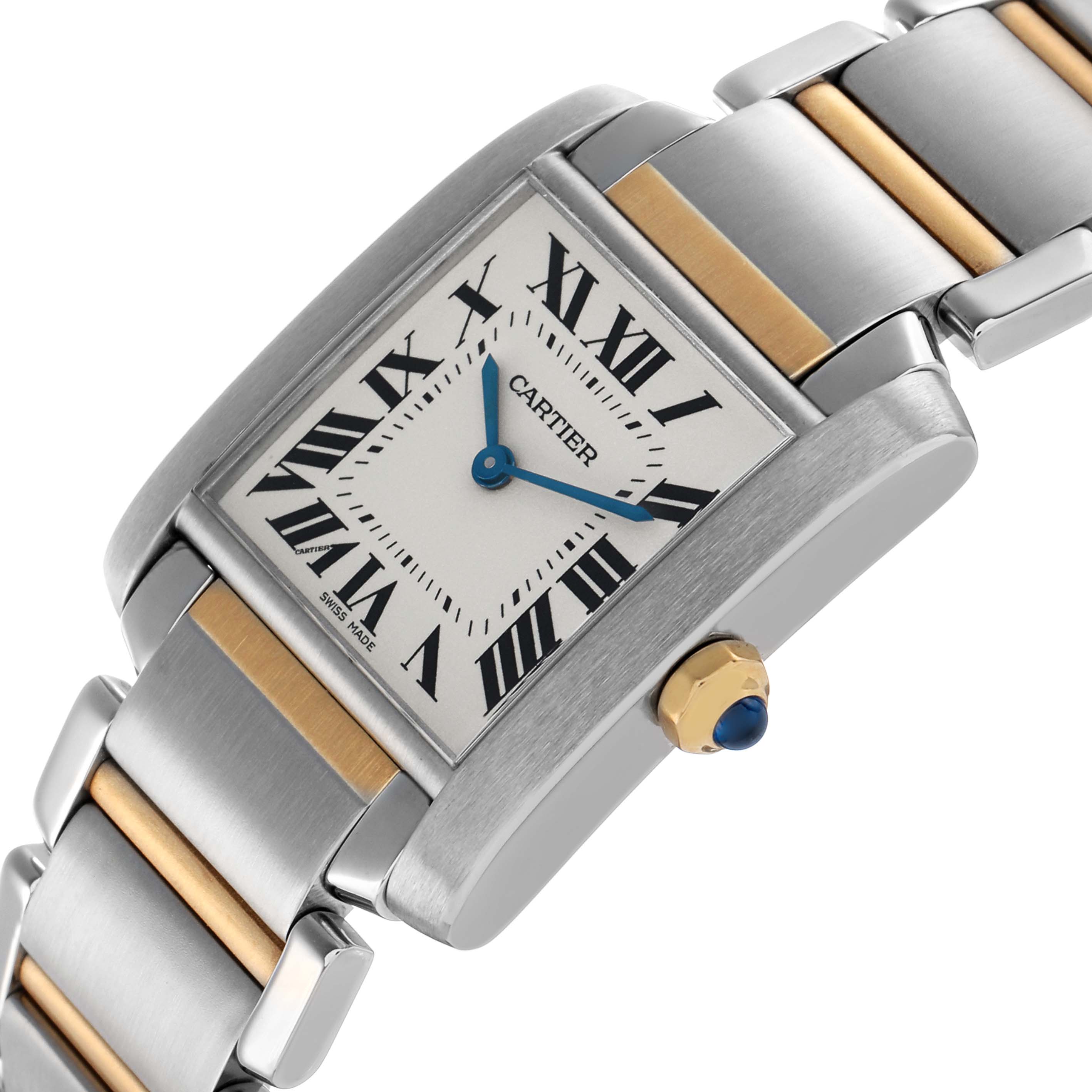The Cartier Tank Francaise W51006Q4 Women's Steel and Gold (two tone) Silver Dial watch is shown at an angled view, highlighting its face, Roman numerals, and metal bracelet with gold accents.