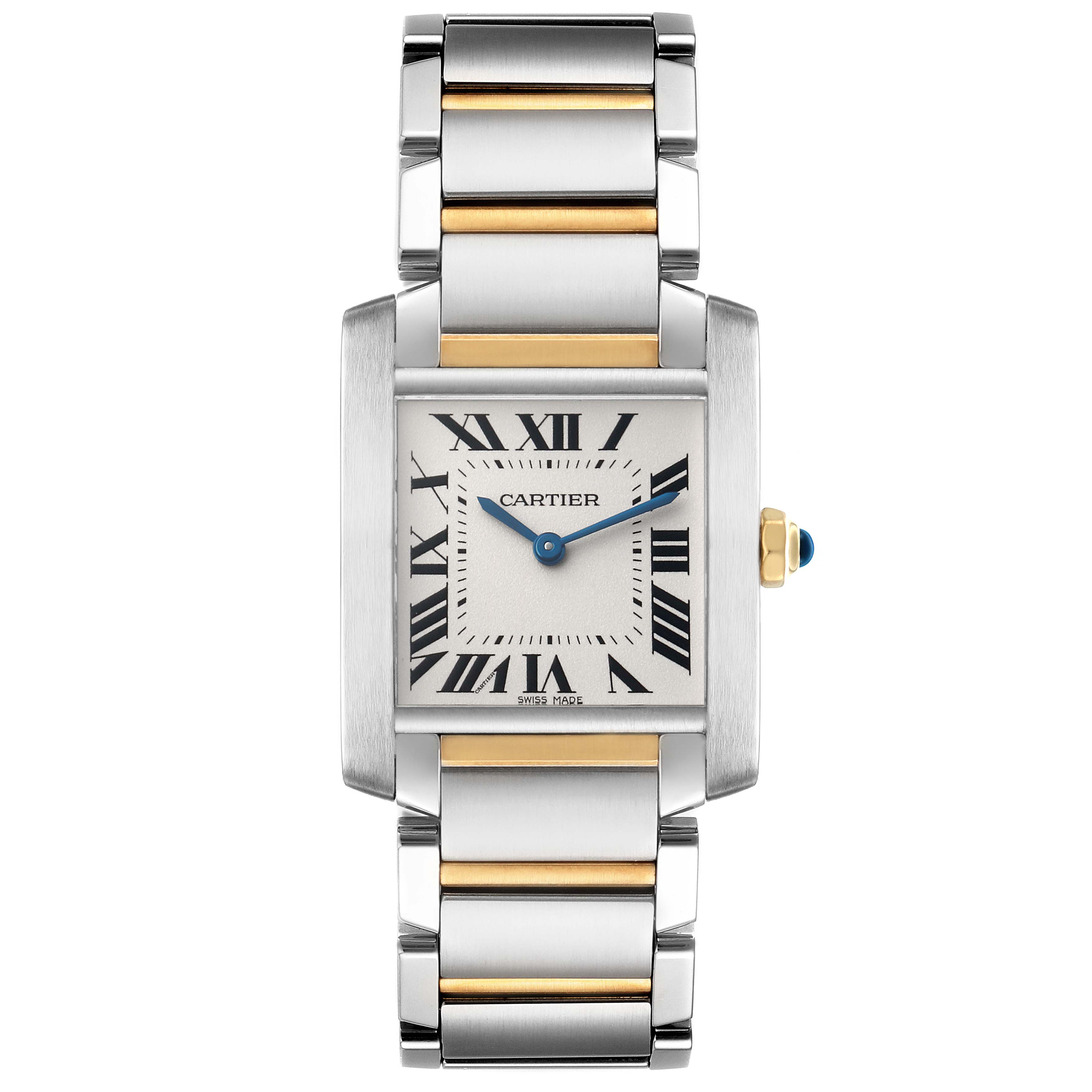 The Cartier Tank Francaise W51006Q4 Women's Steel and Gold (two tone) Silver Dial watch is shown from the front, displaying the face, bracelet, and crown.